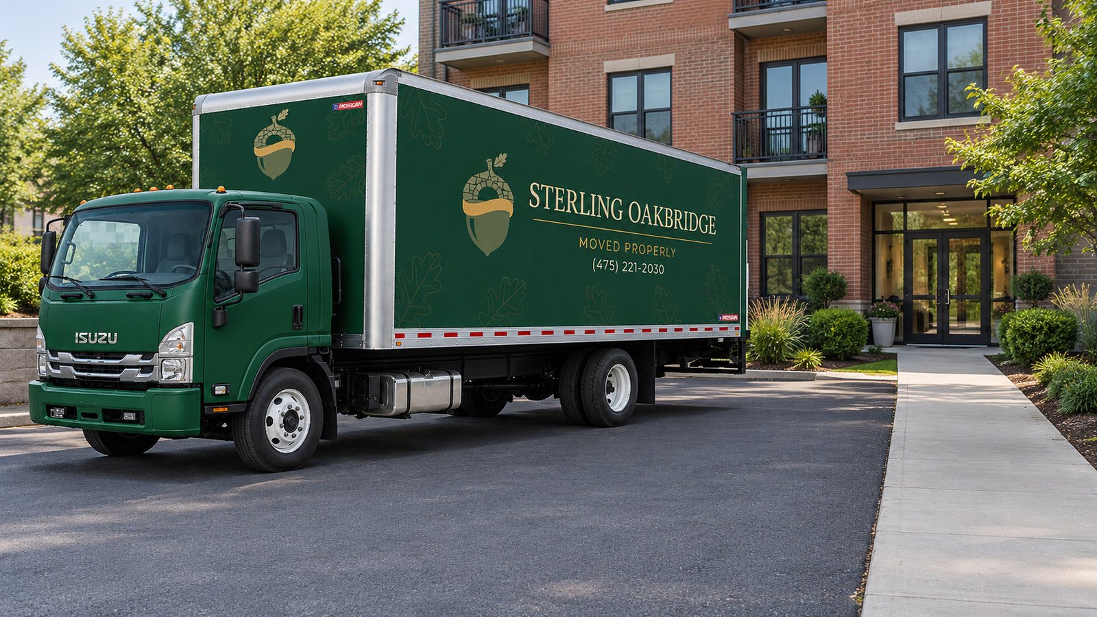 Truck footprint and entrance route Complete green moving truck beside a separate paved walk to a residential entrance