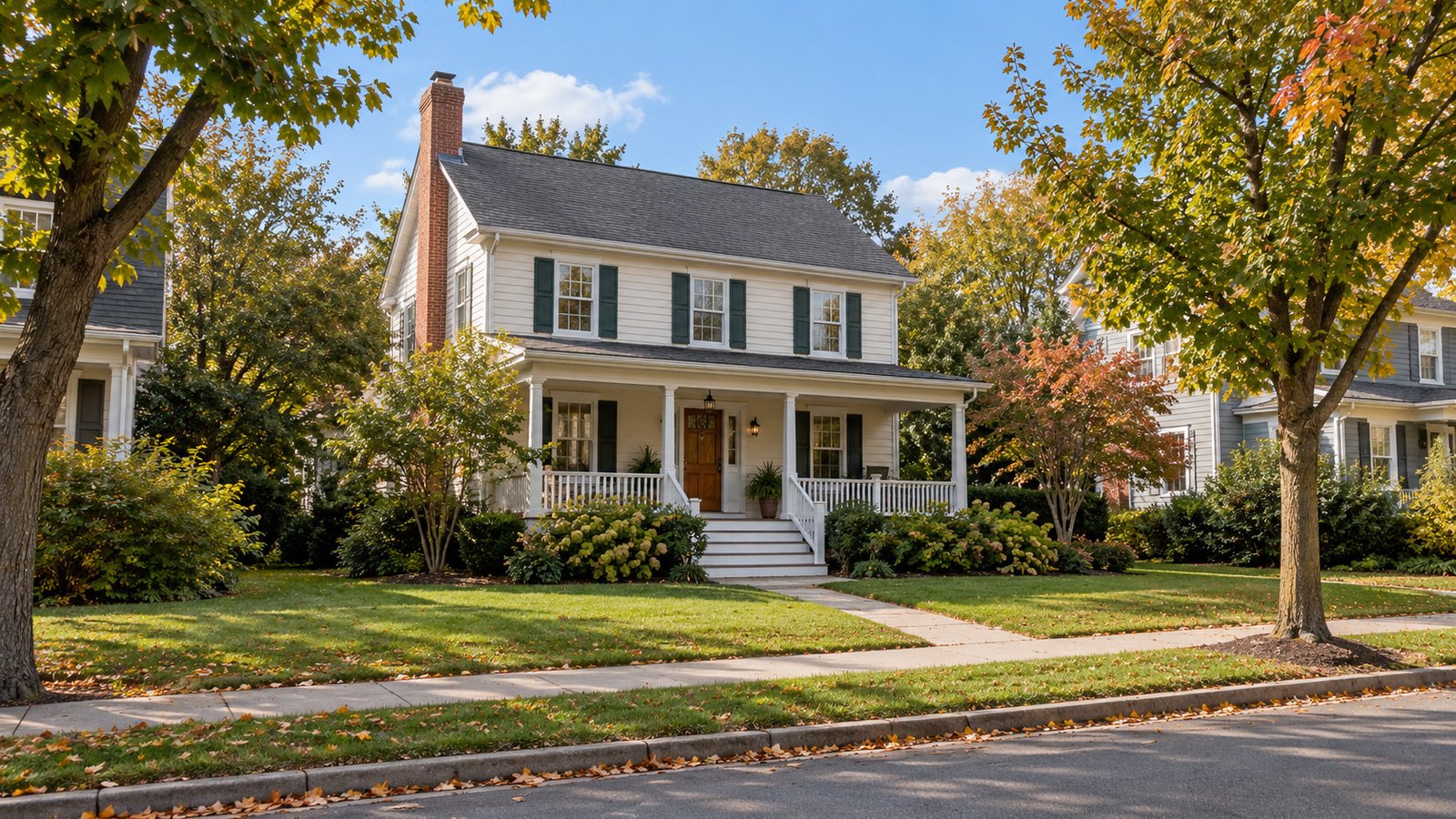Home entrance and everyday walking connection Older clapboard house with a covered front porch and a path joining the sidewalk