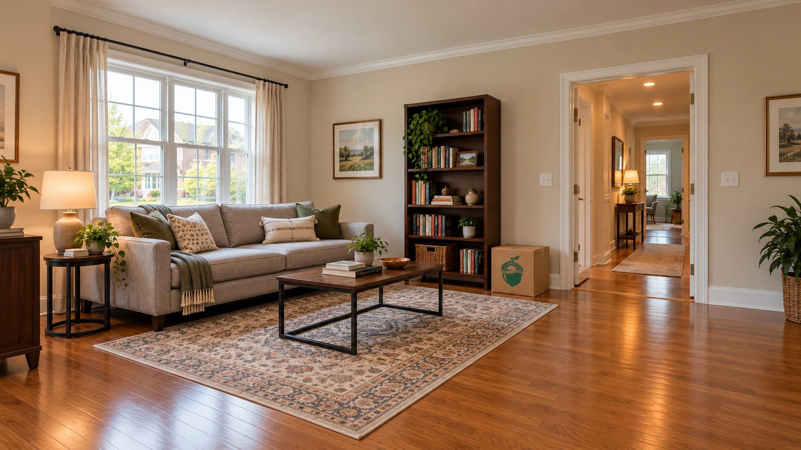 Living room with a complete window and hall doorway, bookcase and compact Book carton