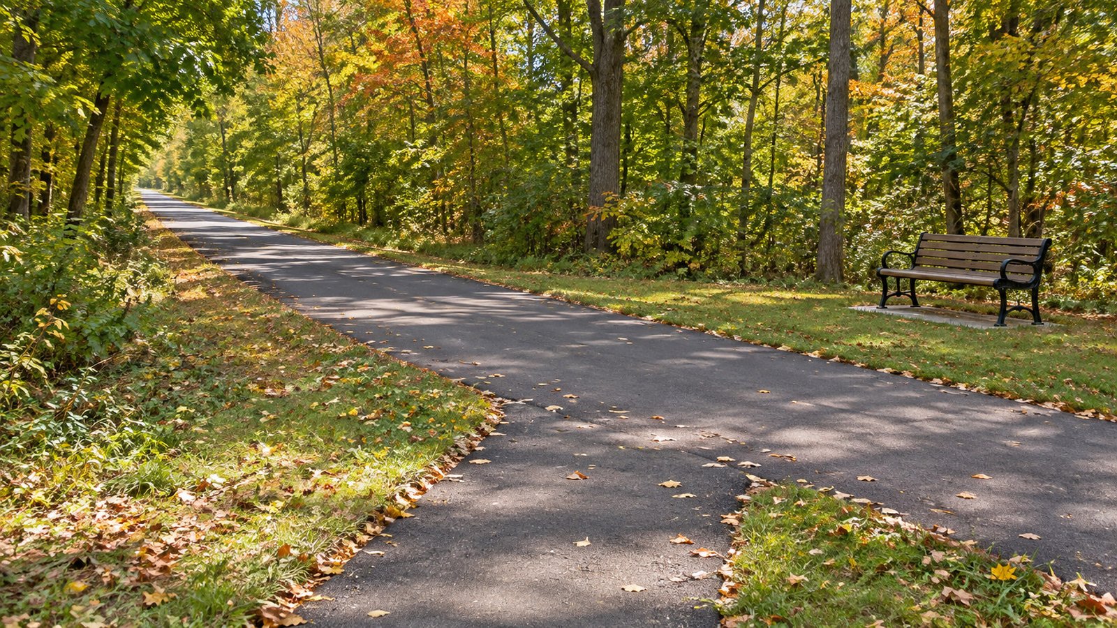 Paved connector joining a recreational trail beside a complete park bench