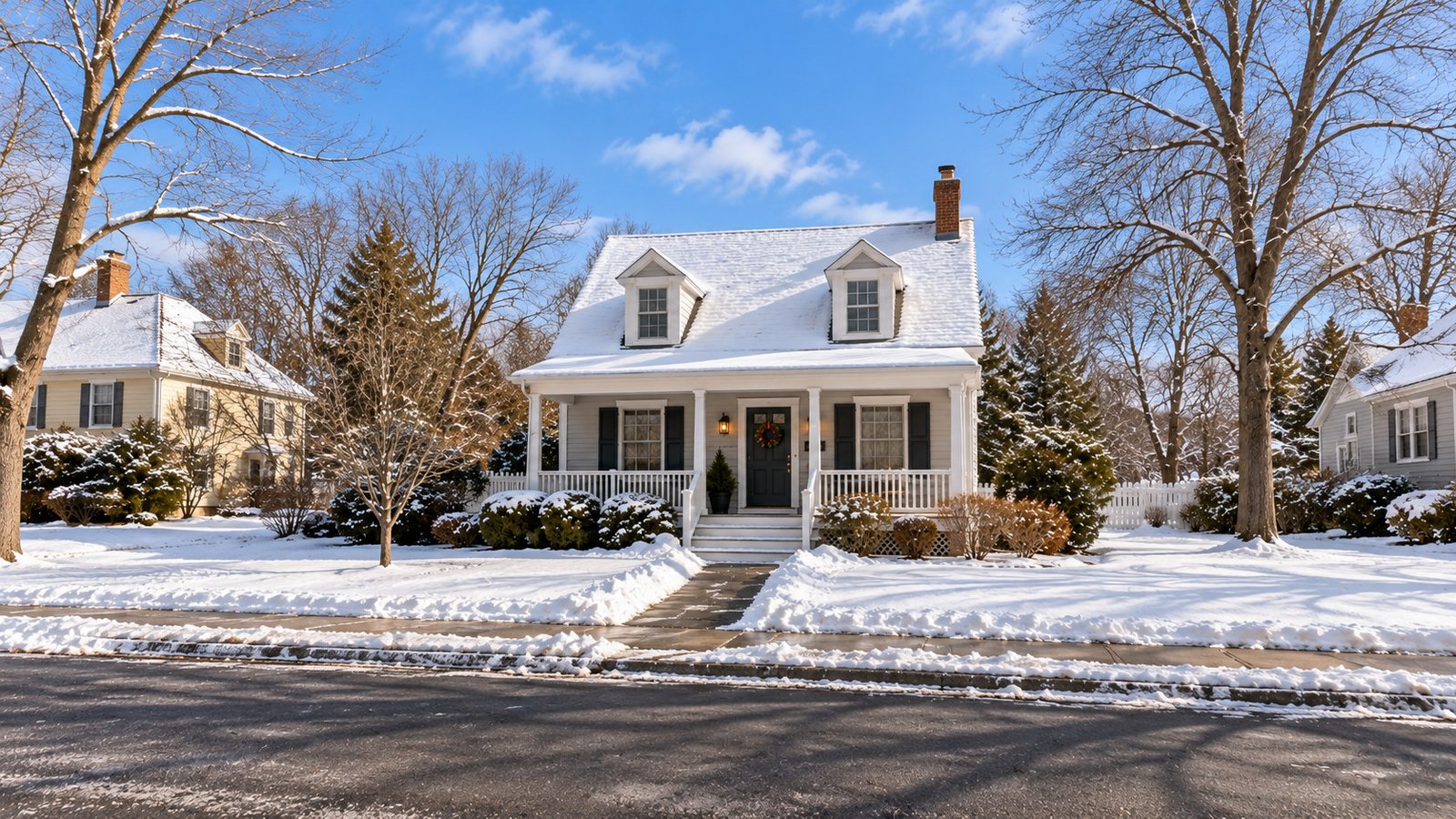 Whole winter house and chimney above a cleared path joining the sidewalk