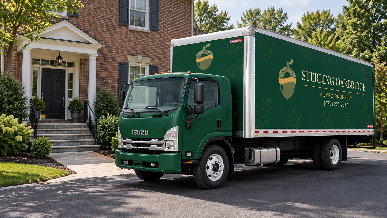 House access: vehicle and entrance Green Isuzu moving truck on asphalt beside a brick house entrance