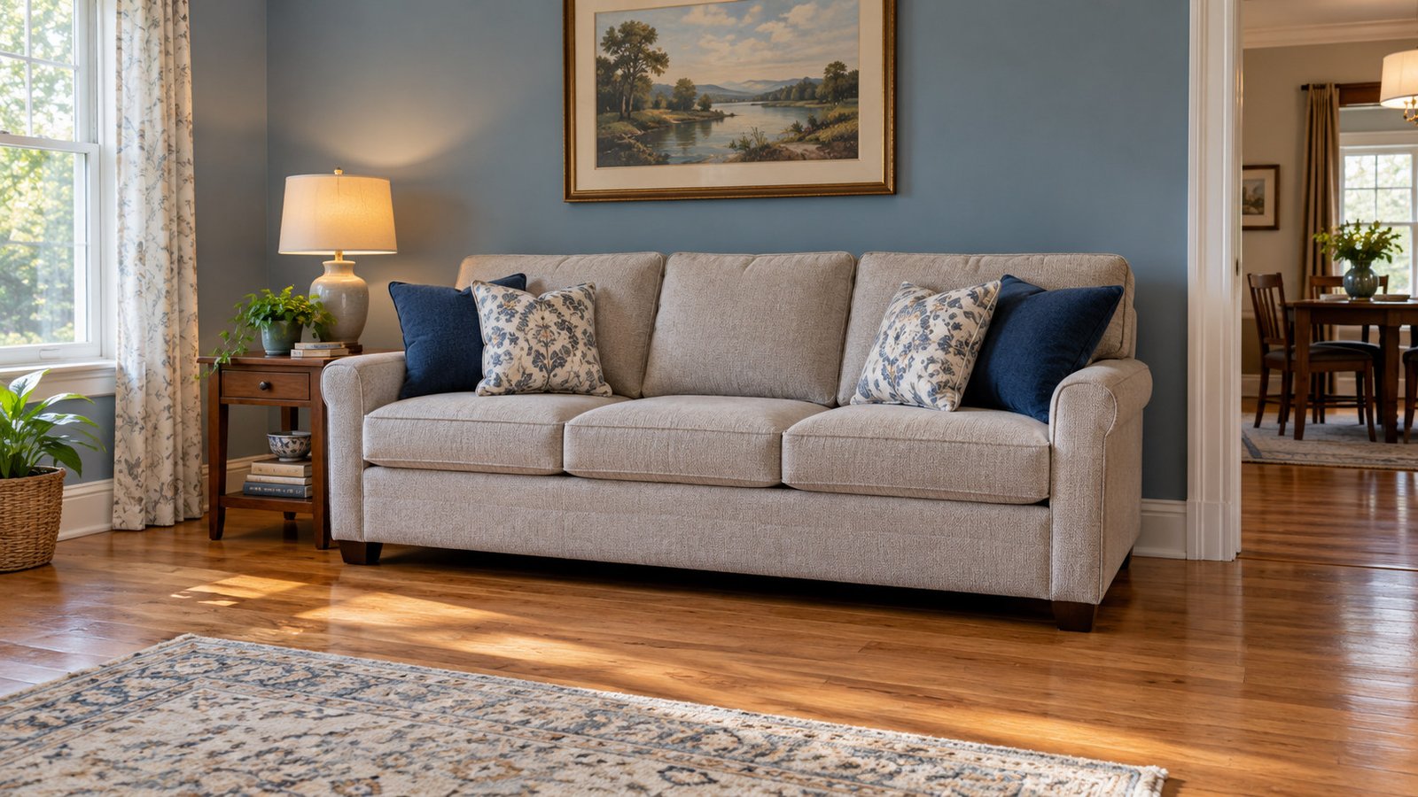 Receiving room after placement Sofa and side table placed beside a clear living-room circulation area