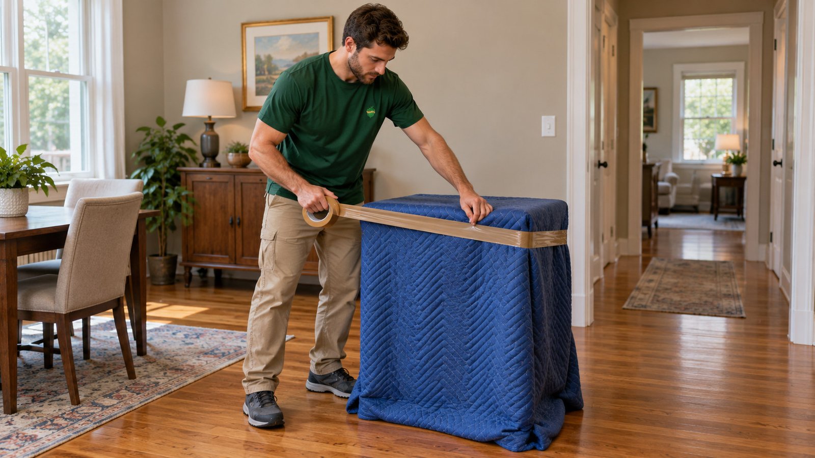 Furniture protection before carrying Mover applies brown tape to a separate quilt covering a floor-supported cabinet