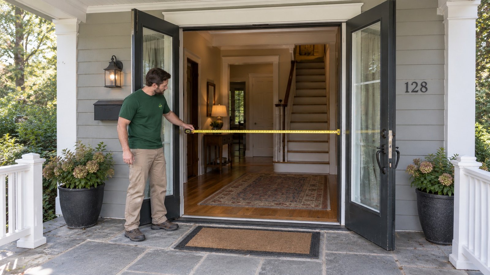 Check the clear entry width A male mover in a green acorn work shirt holding a level measuring tape across an open entry, with the door lintel and porch visible.