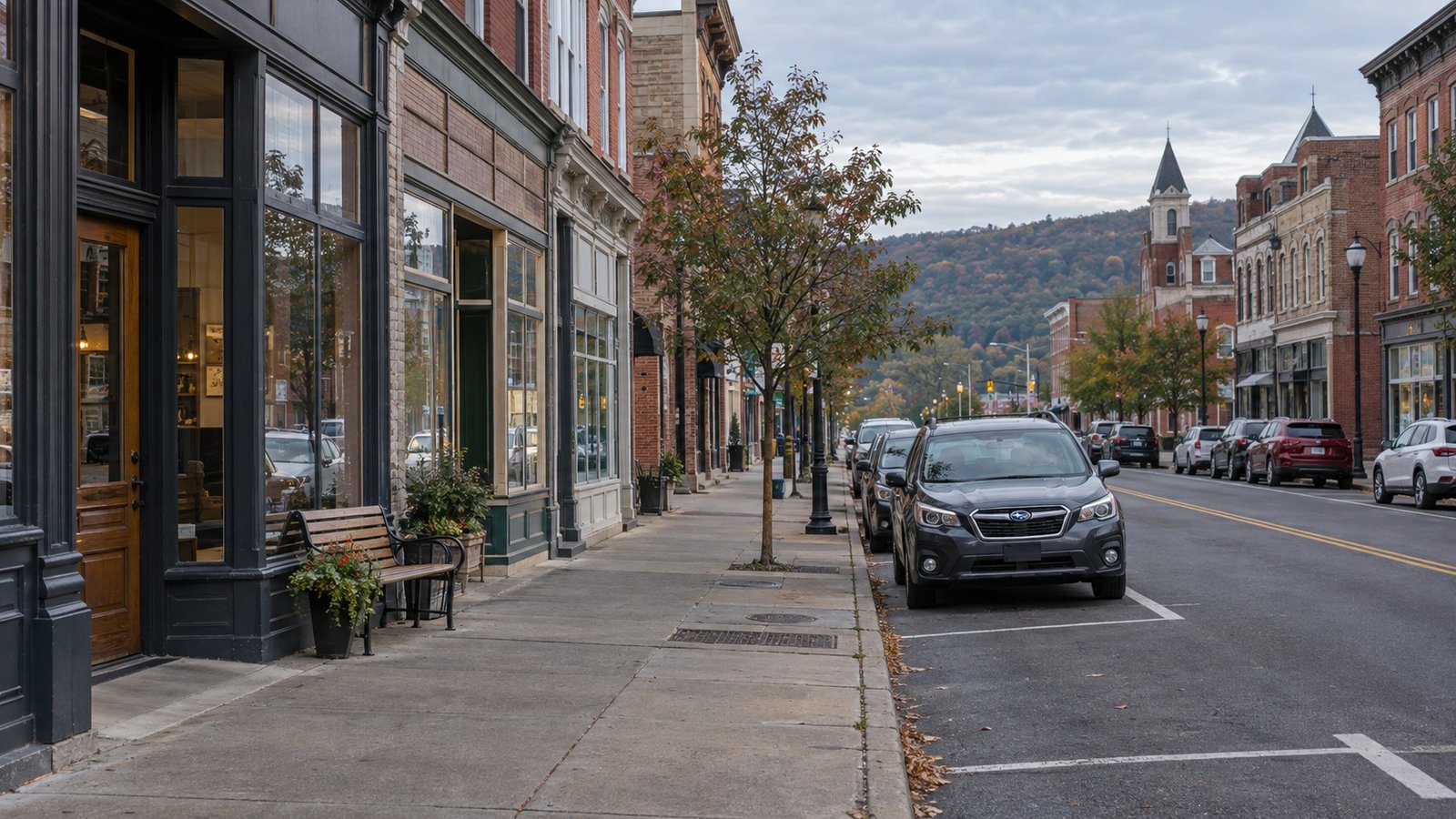 The everyday errands check Brick and clad storefronts beside a sidewalk with benches and trees, parked cars and a wooded ridge beyond.