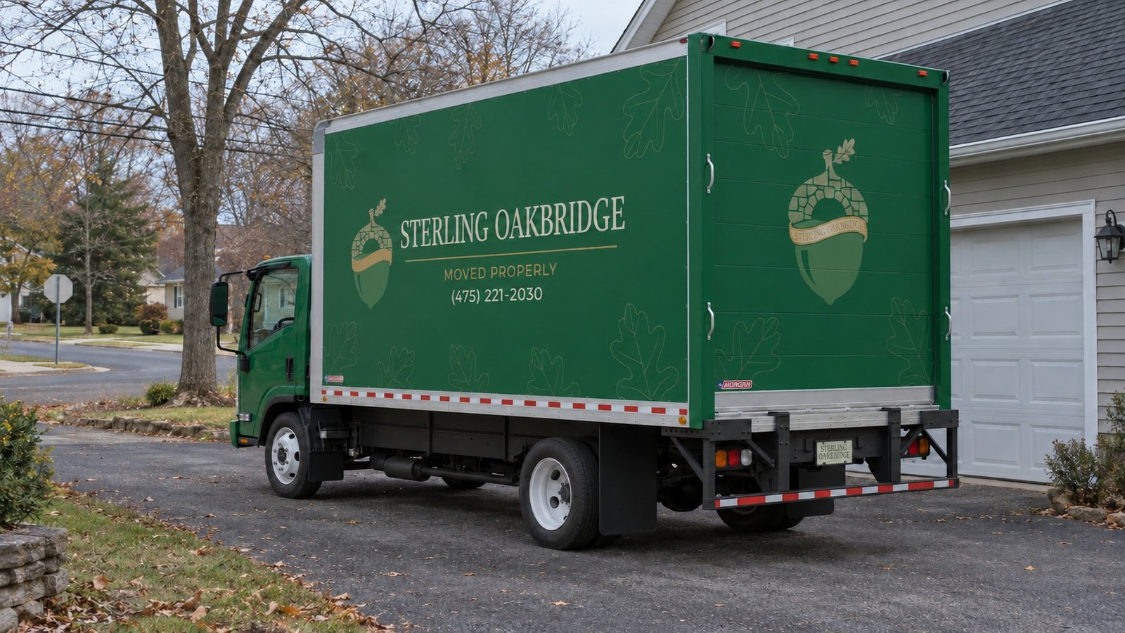 The loading-position check A complete green Sterling Oakbridge NPR box truck viewed from the rear side on a private driveway beside a garage, with the street beyond.