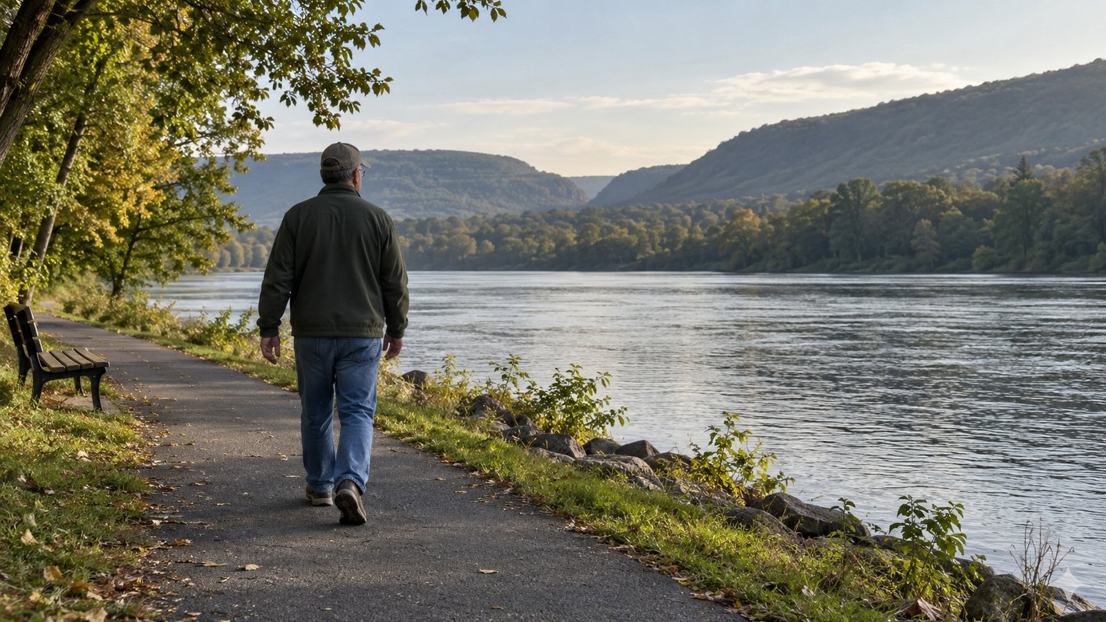 The routines around home An adult walking along a paved riverside path beside a bench, trees and a wooded opposite slope.