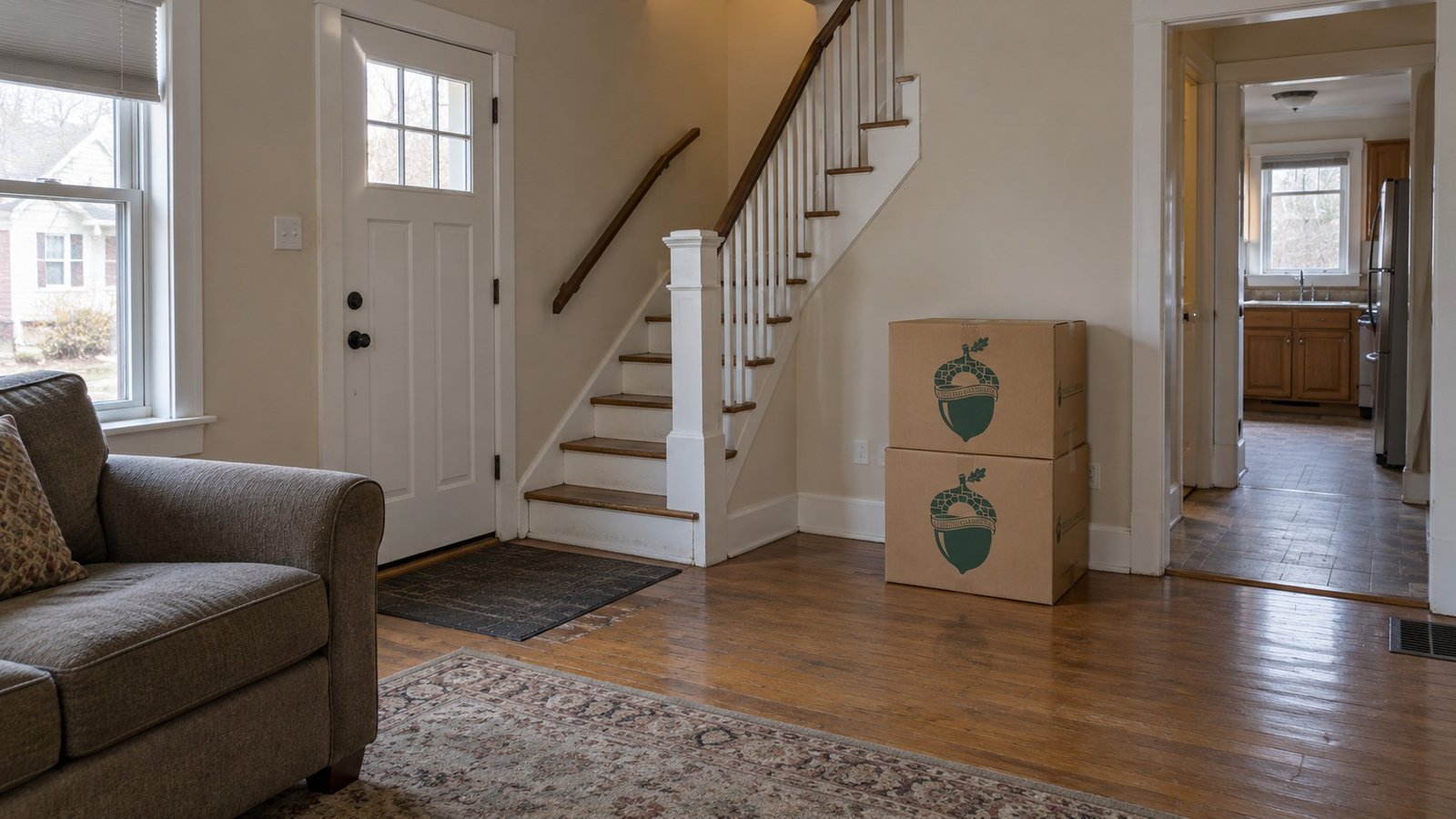 The route between rooms A living room with a front door, entry-side staircase, kitchen passage and two closed kraft cartons stacked against the wall.