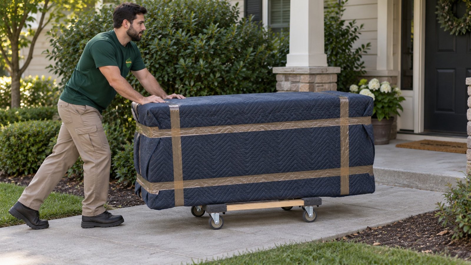 A clear rolling route A male mover in a green acorn work shirt pushing a blanket-wrapped cabinet on a compact wooden furniture dolly along level concrete.