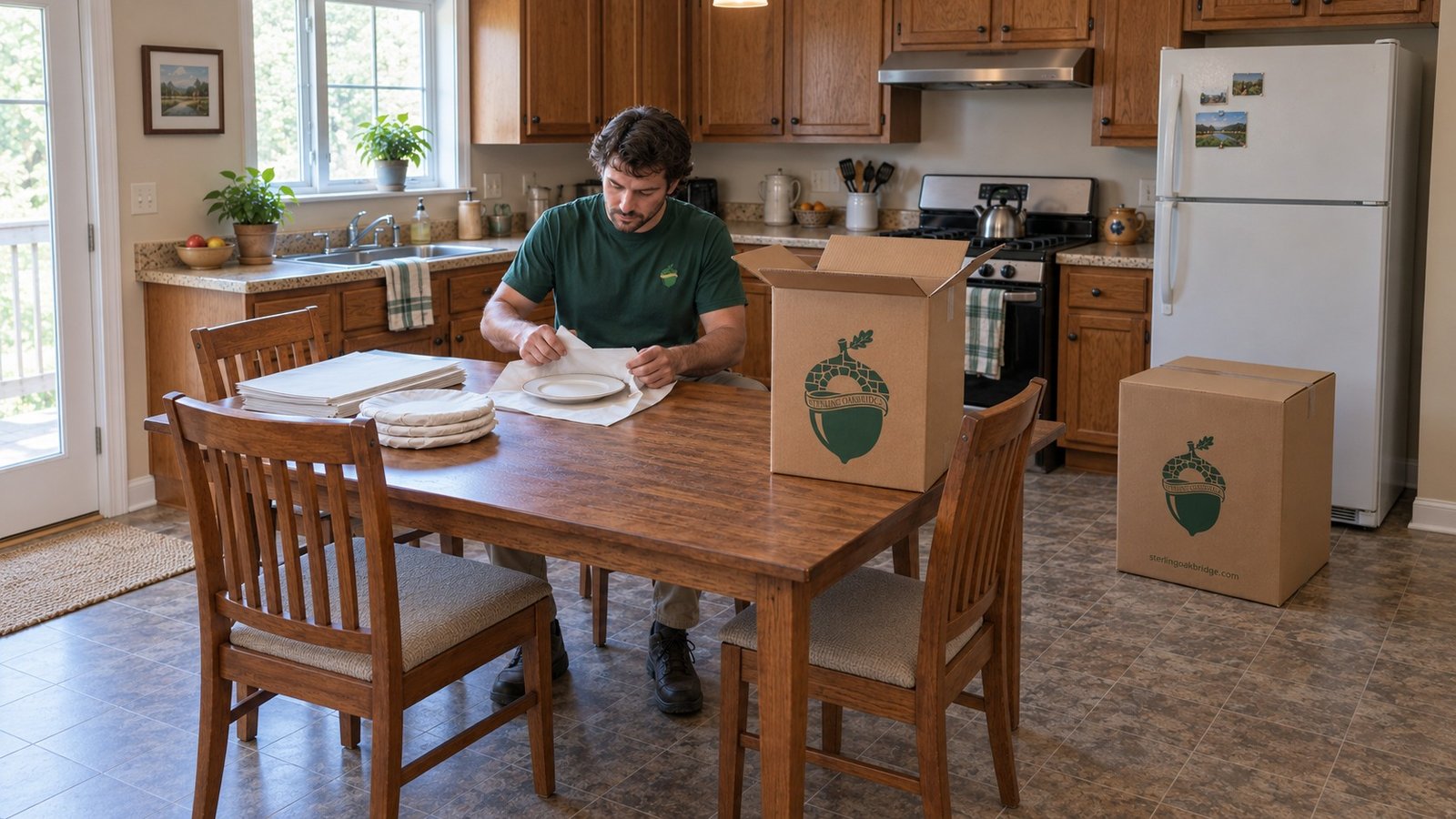 Packing the kitchen A male mover wrapping a ceramic plate in flat paper sheets at a kitchen table beside an open tall kraft China carton and a closed matching carton.