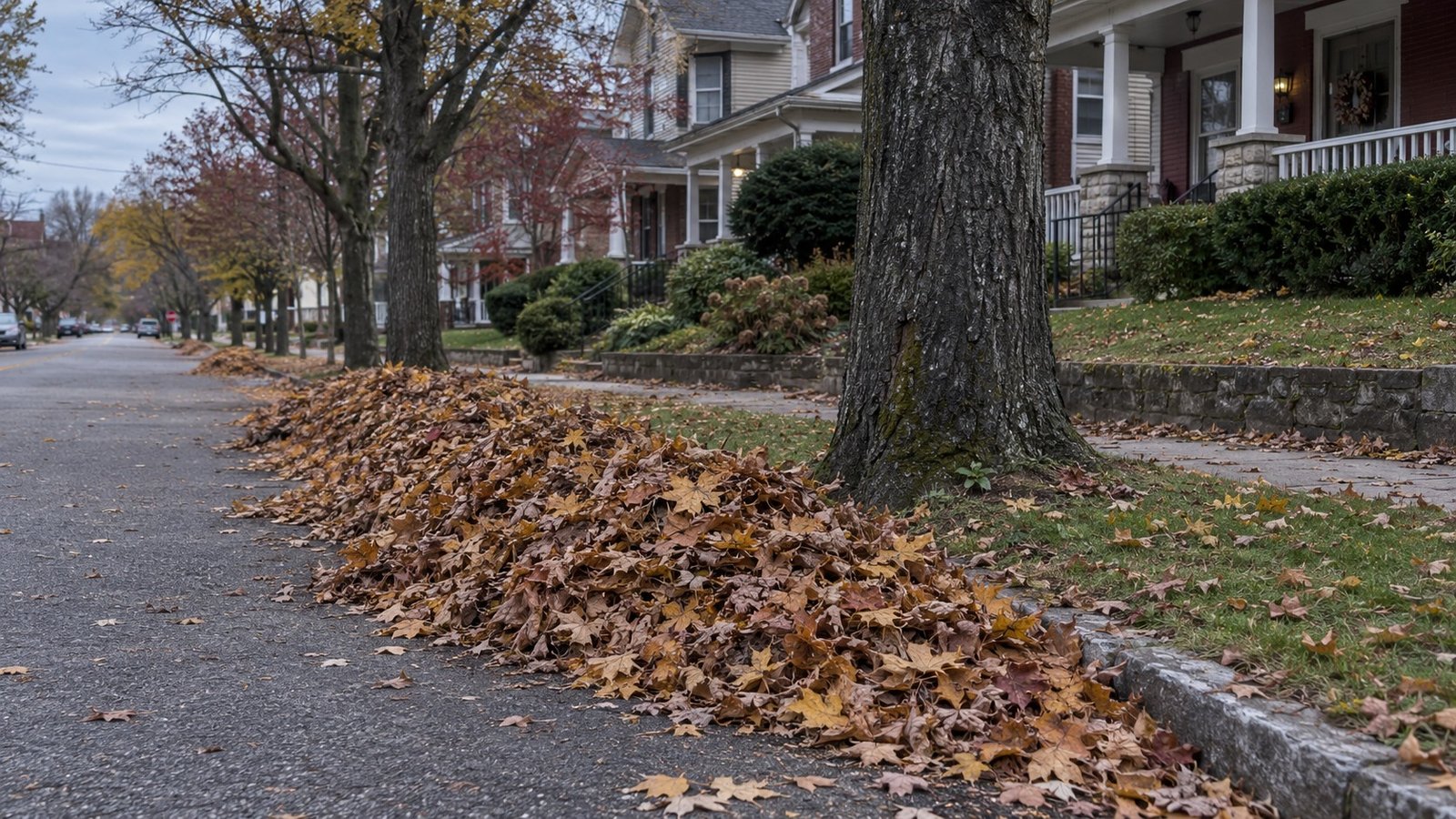 Plan around seasonal street work Autumn leaves piled along the street curb beside trees, a clear sidewalk and front porches.