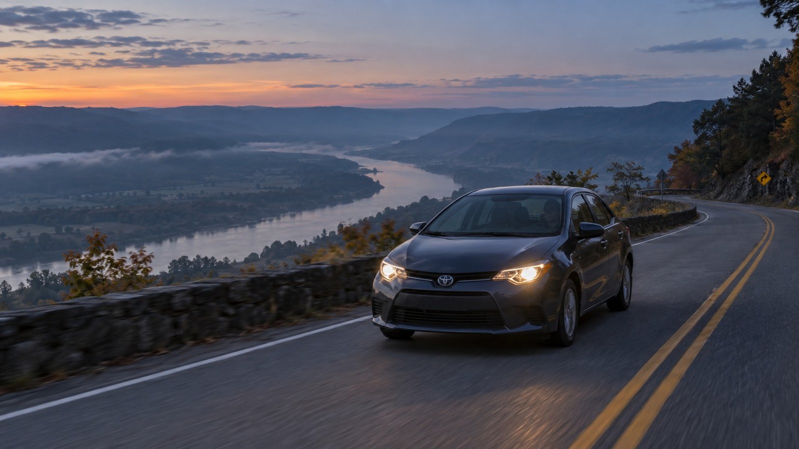 Test the journey you need A sedan with headlights on following a two-lane road above a river valley at dusk.
