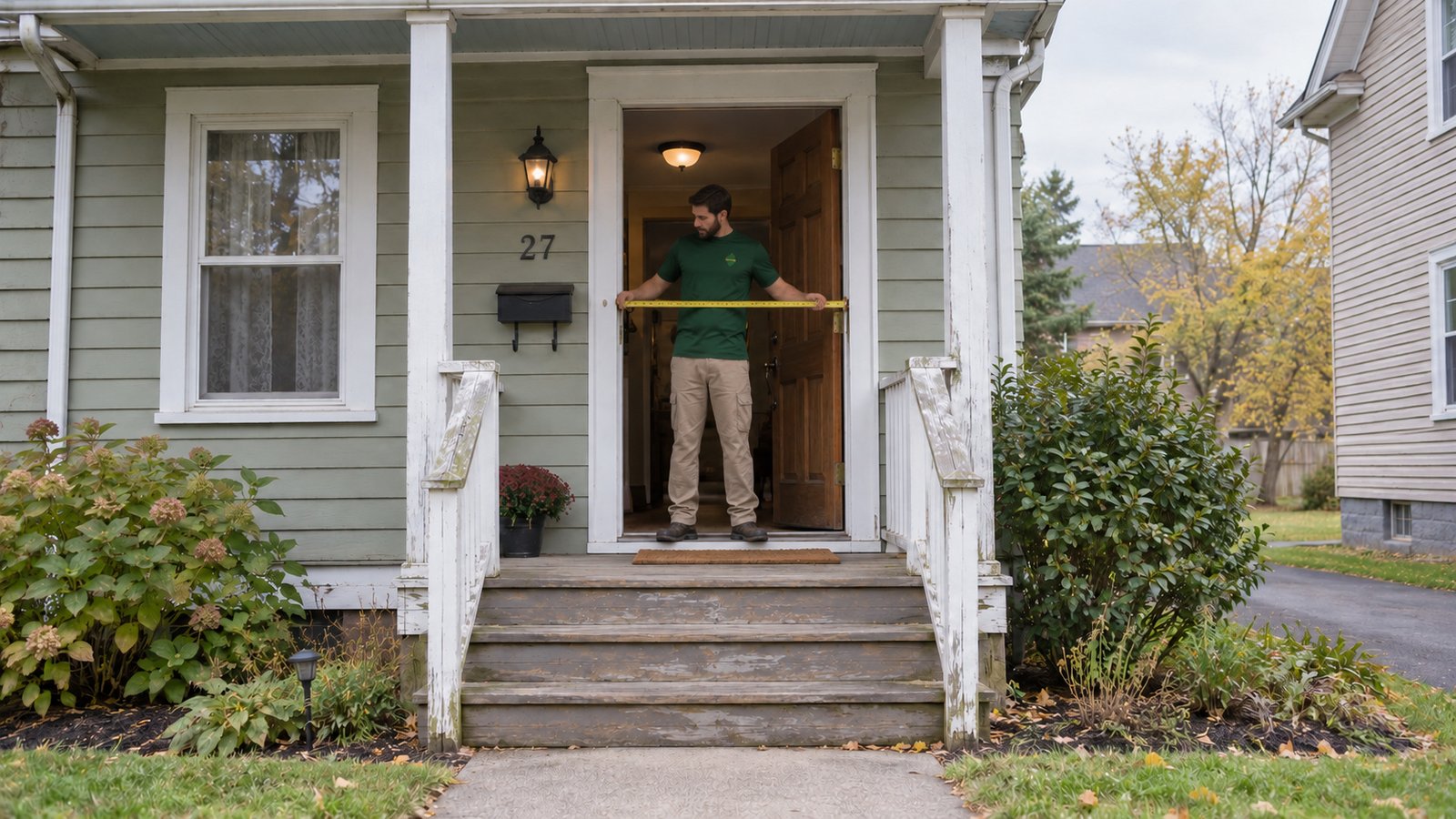 Measure the actual opening A whole worker in a green front shirt measures a complete hinged doorway above visible porch steps.
