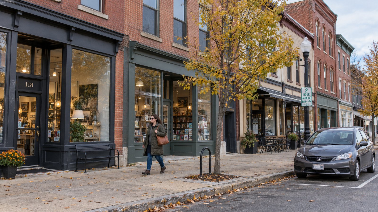 A woman with a tote bag walks a brick-storefront sidewalk beside a whole car in a parking bay.