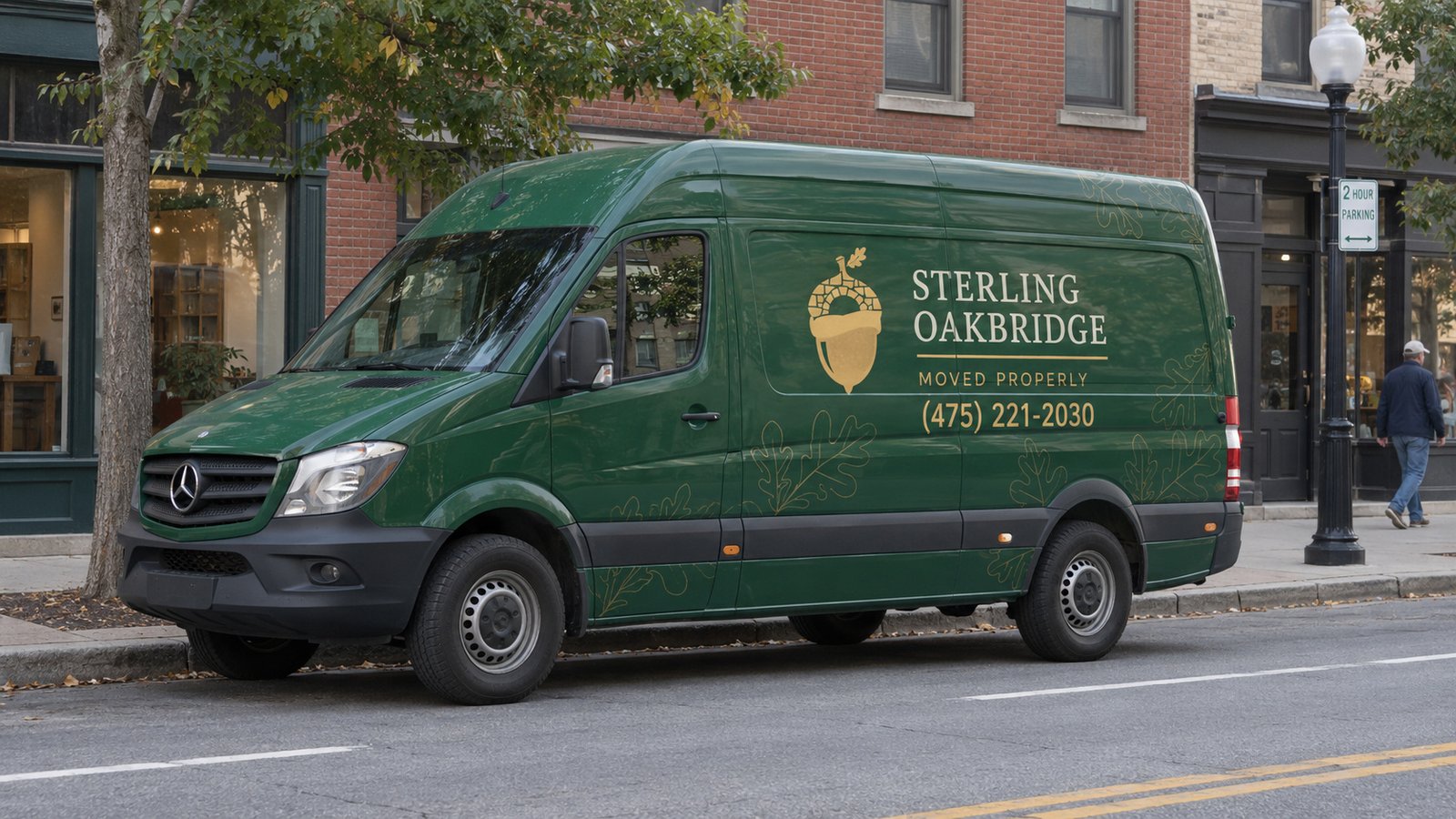 Confirm the assigned vehicle position A whole green Sterling Oakbridge Mercedes Sprinter parked parallel to a curb beside brick storefronts.