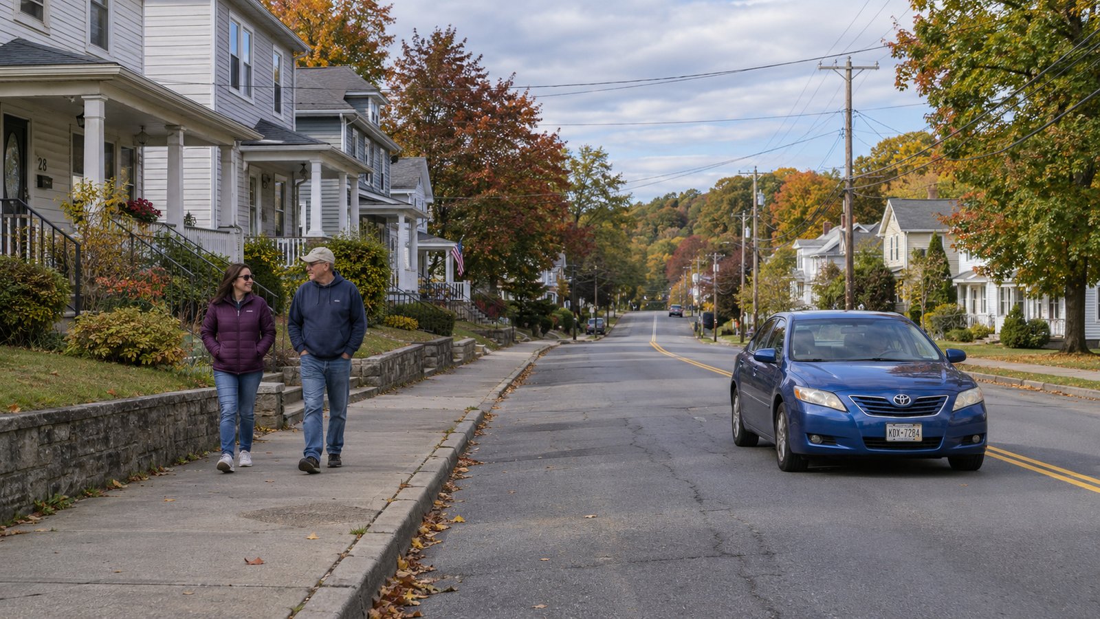 Check the actual outside approach A whole blue sedan and two residents on a street of clapboard homes and porches.