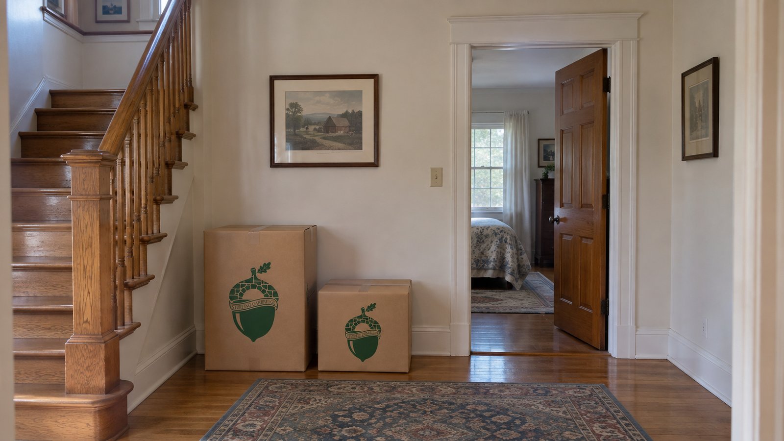 Two closed kraft cartons stand beside a complete open hinged bedroom doorway and a wooden stair hall.