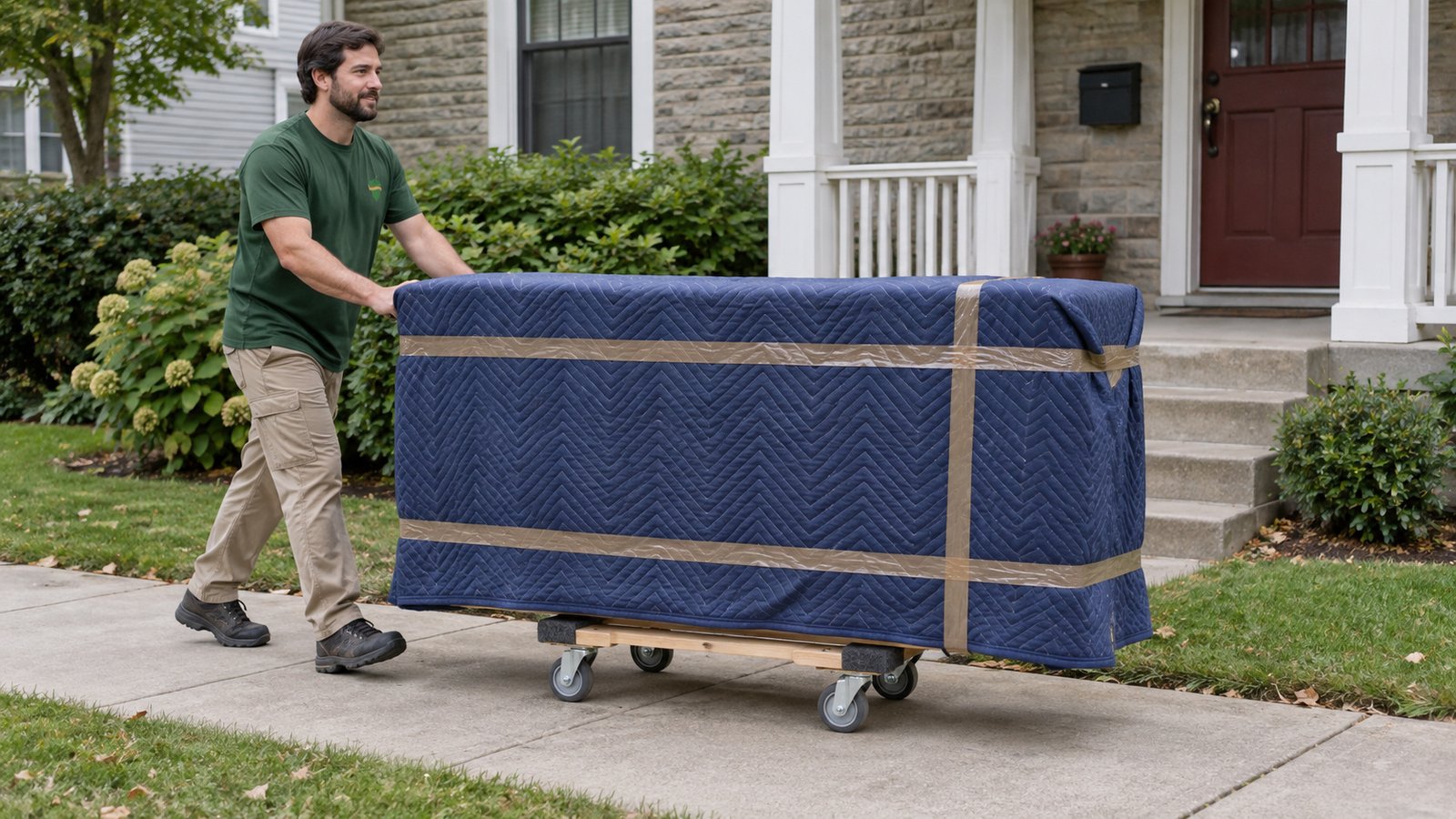 Plan the level carrying route A whole male mover guides a blue-blanket-wrapped dresser on a compact open-frame furniture dolly.