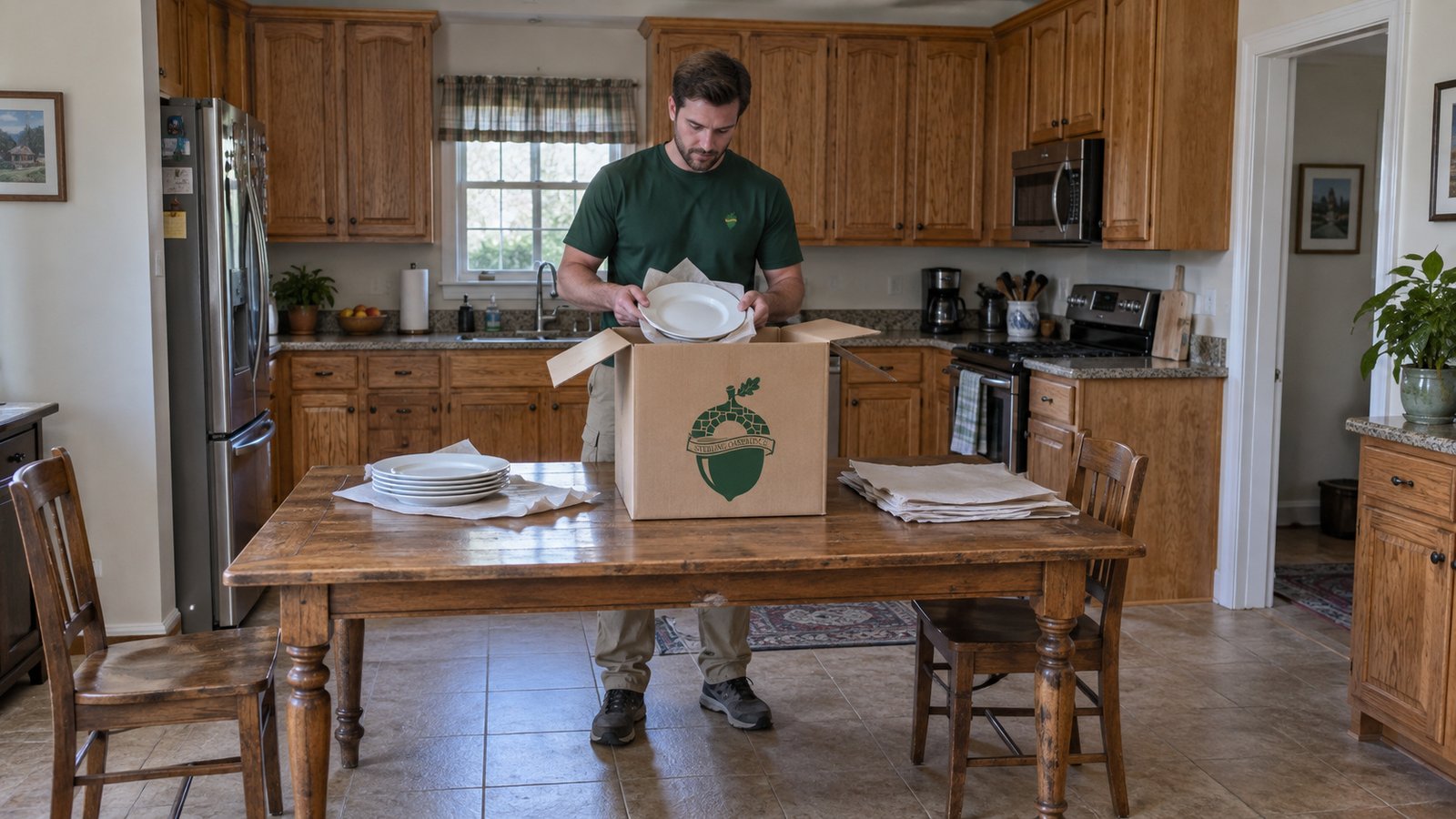 Prepare the selected packing work A whole male packer wraps a plate in paper above an open kraft China carton on a kitchen table.
