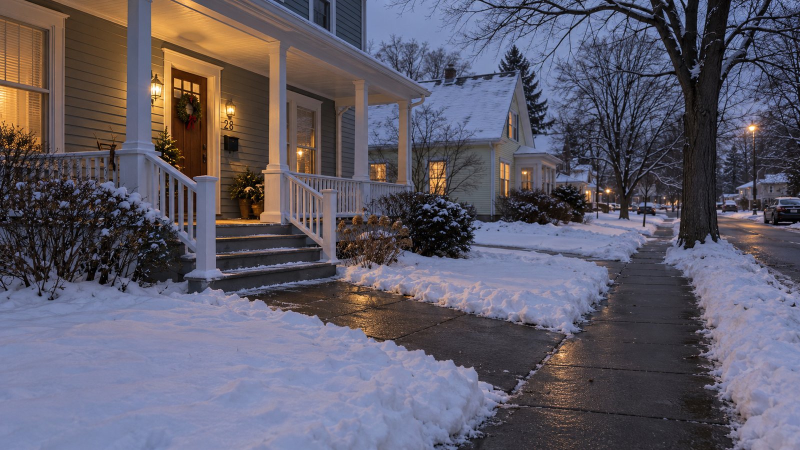A clear front-entry walk leads from a lit clapboard porch to a winter sidewalk.