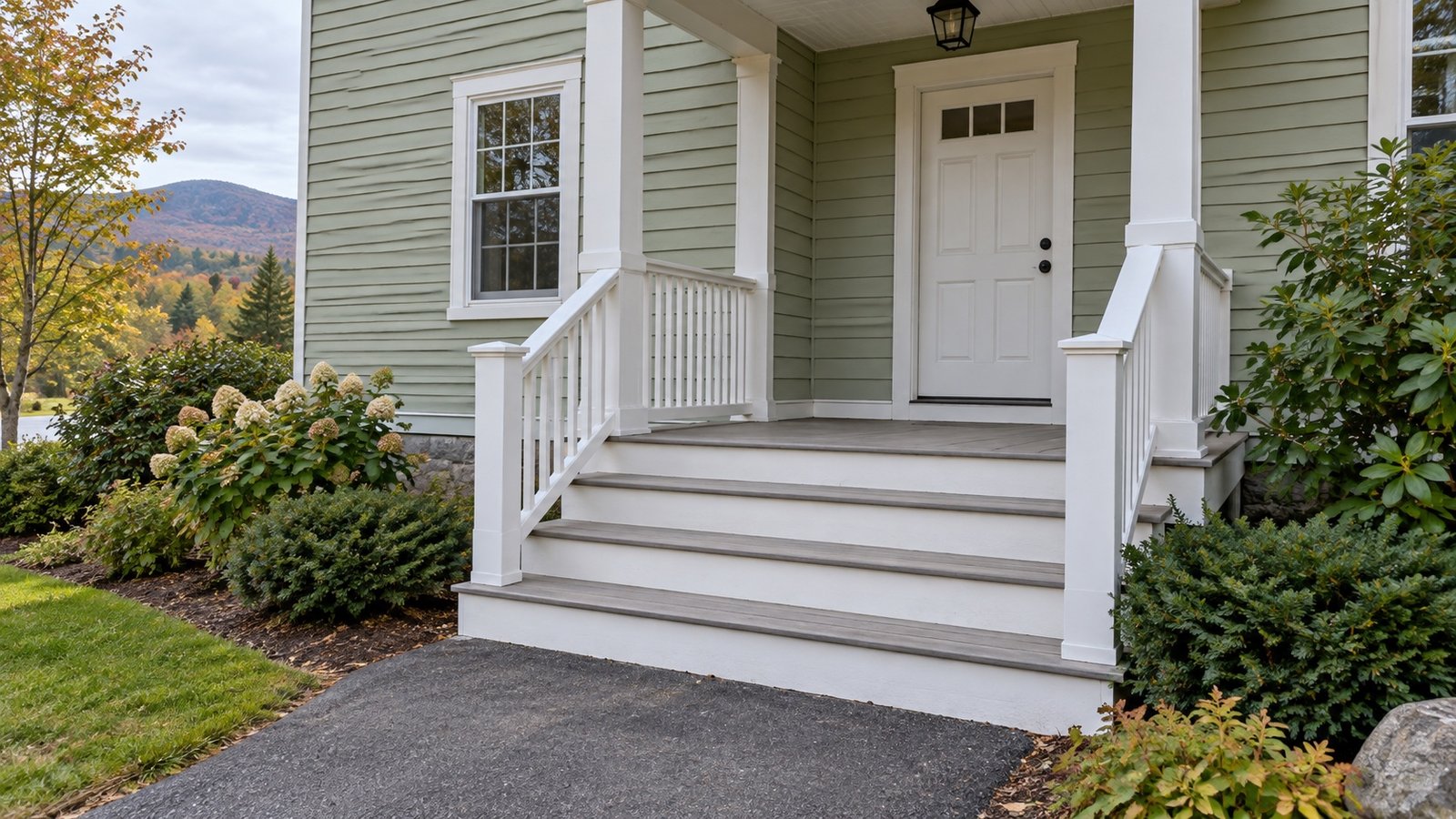 Four porch steps and continuous handrails at a sage-colored clapboard house