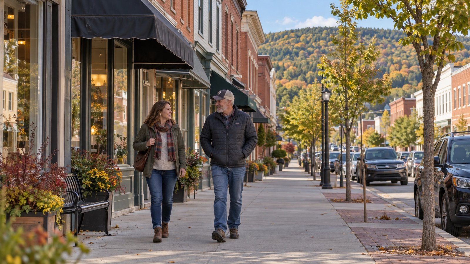 Two adults walking past brick storefronts on a sidewalk with wooded hills beyond