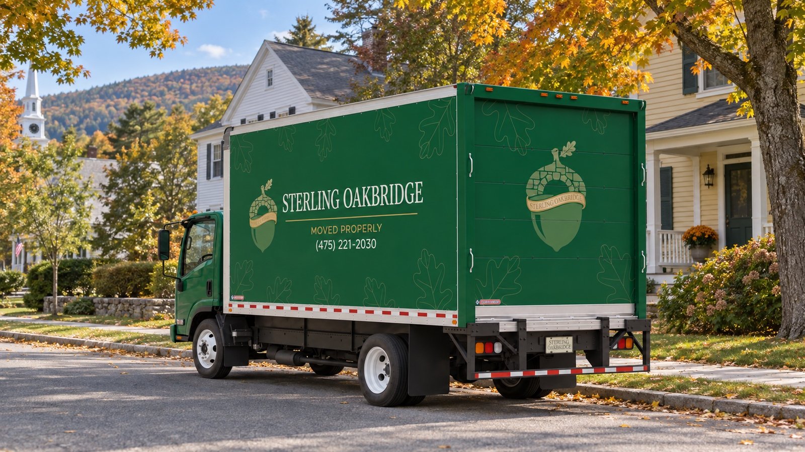 Green Sterling Oakbridge box truck with a closed rear door beside a residential curb