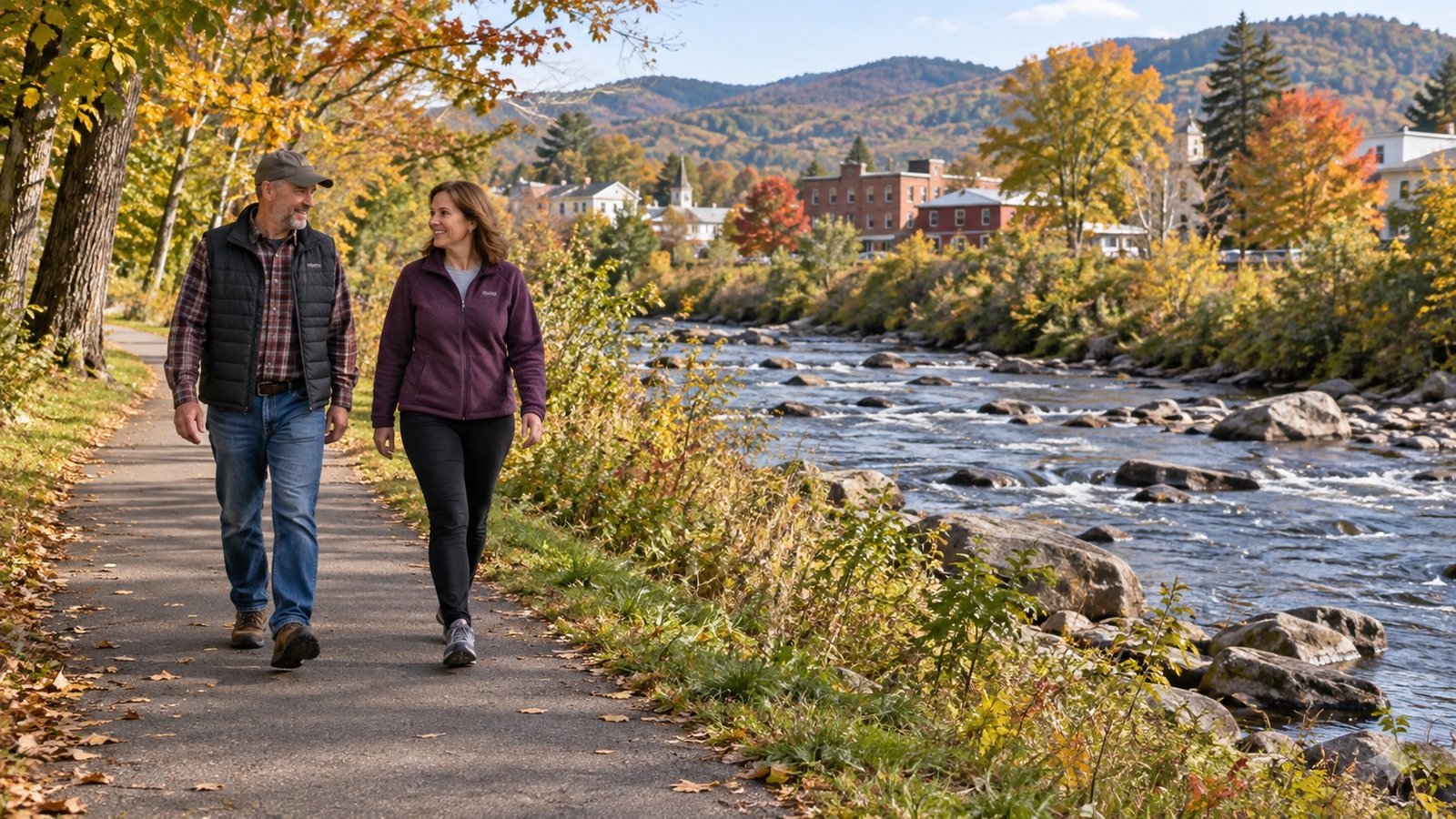 Two adults walking on a paved path beside a rocky river and autumn trees