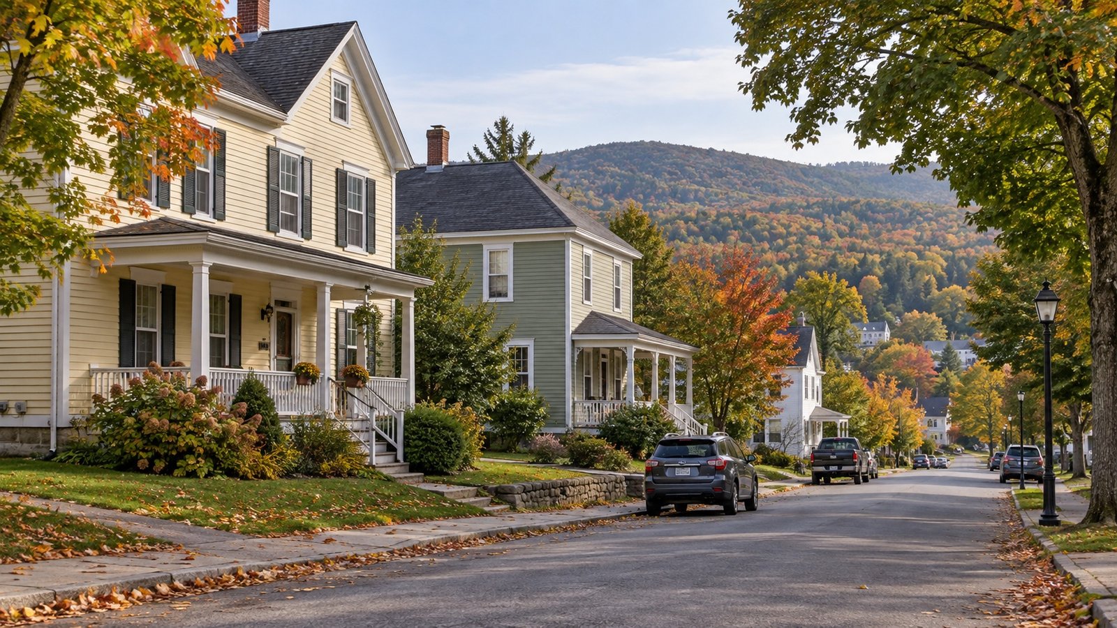 Porched clapboard houses beside a sloping street with wooded hills behind them