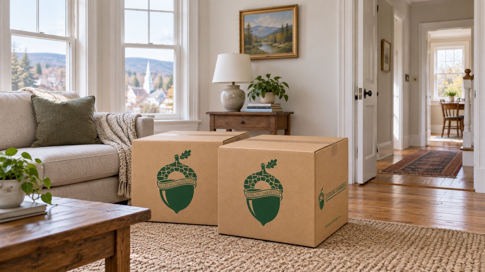Two closed branded kraft cartons beside a sofa in a bright living room