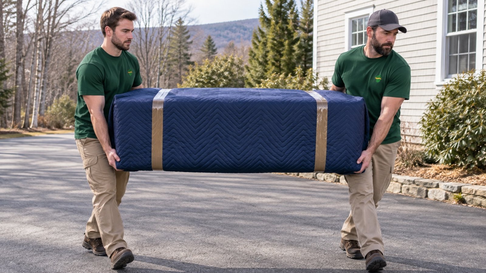 Two movers carrying a rectangular item fully covered by a dark blanket secured with brown tape