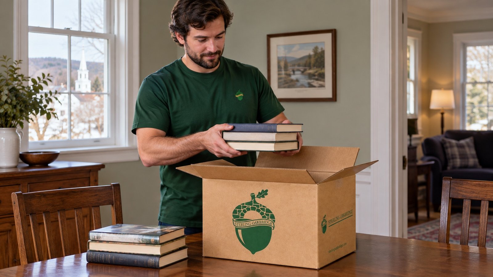 Mover in a dark green crewneck supporting books above a compact branded kraft carton