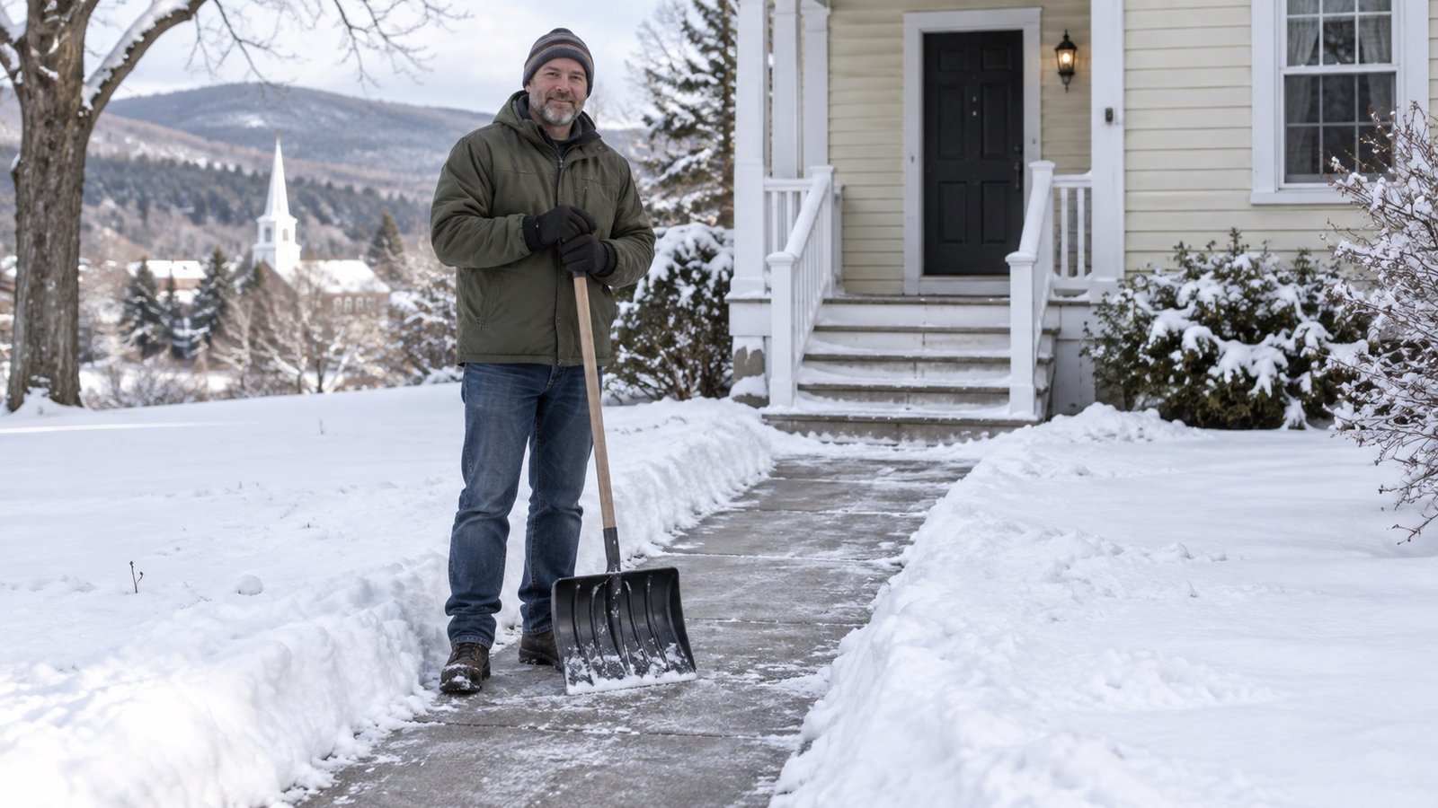 Resident holding a snow shovel beside a cleared path and snowy porch steps