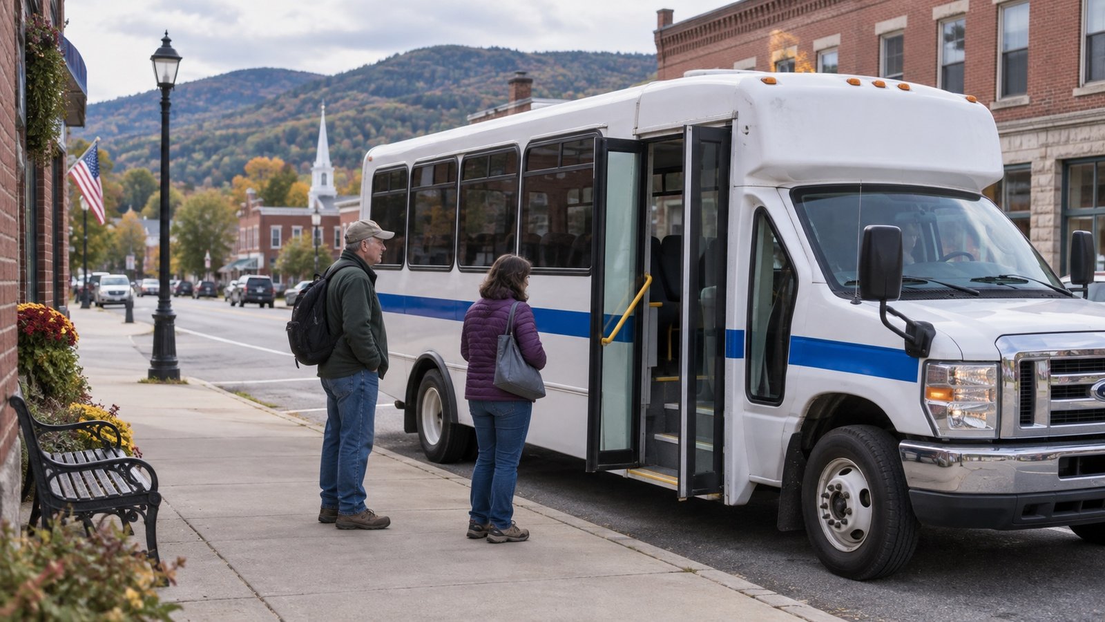 Two adults on a sidewalk beside the passenger door of a white and blue bus