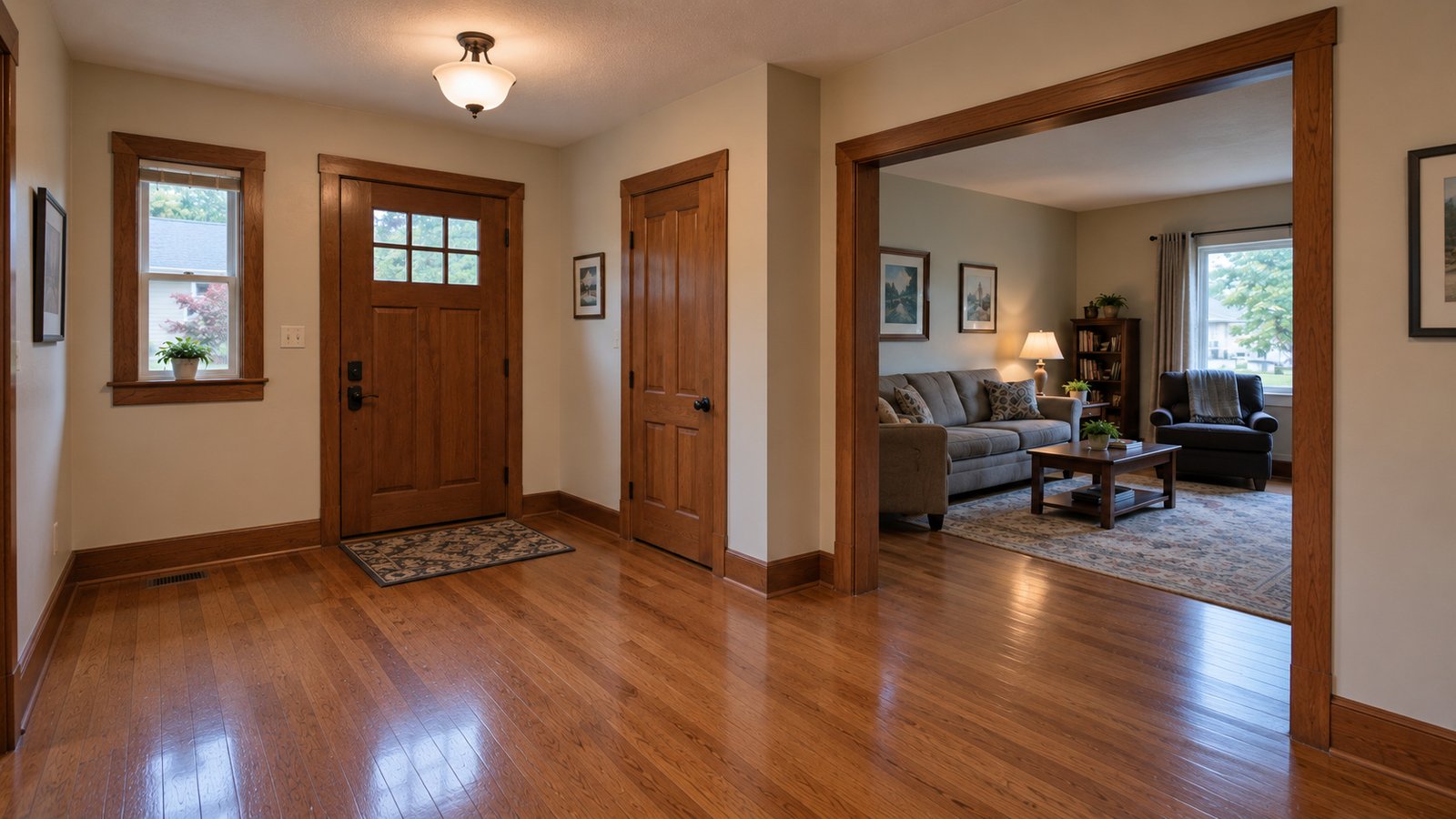 An entrance and the first room turn A timber front door and closet beside a clear turn through a wide living-room opening