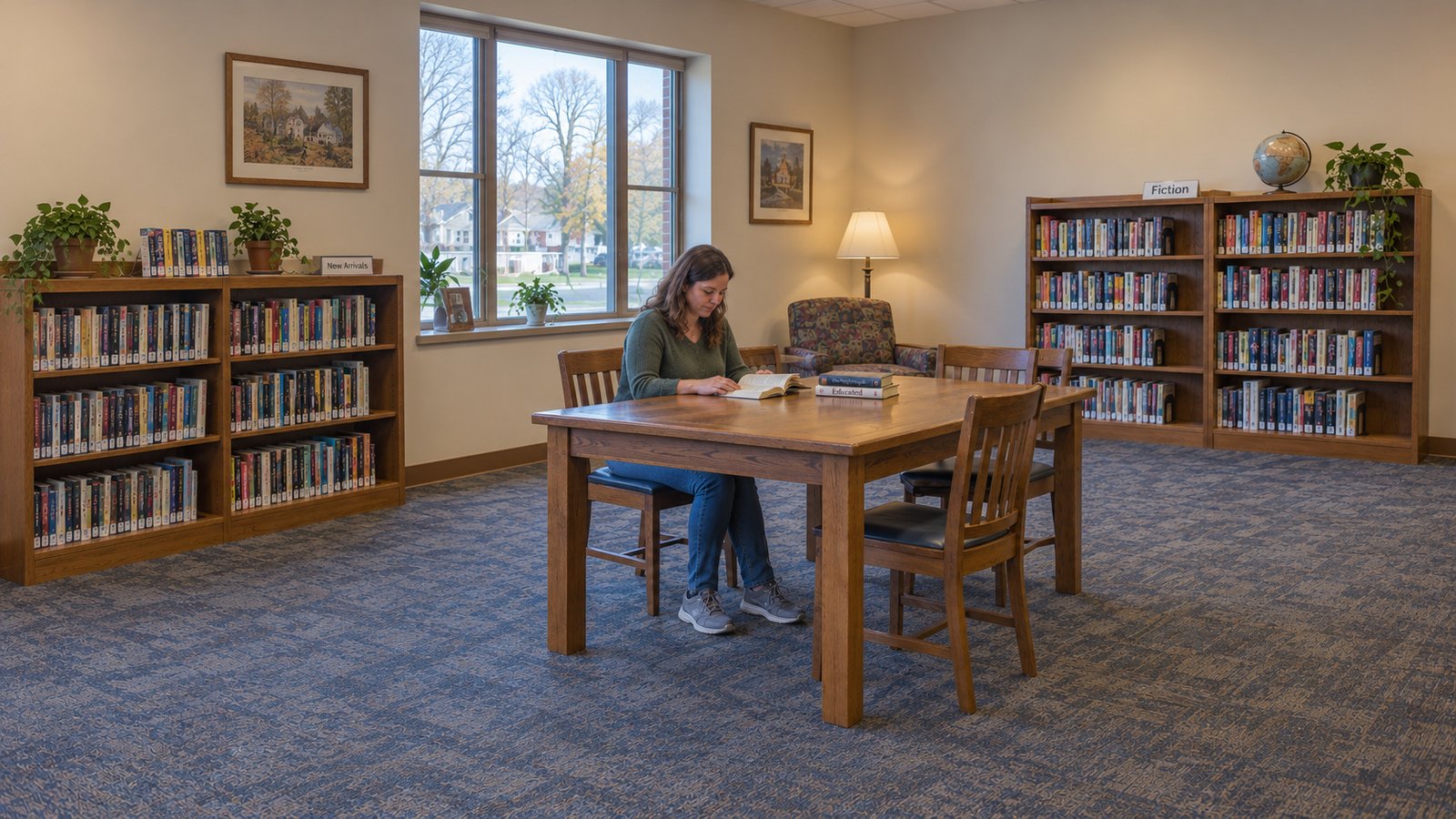 A woman reading at a wooden library table with bookshelves and a large window