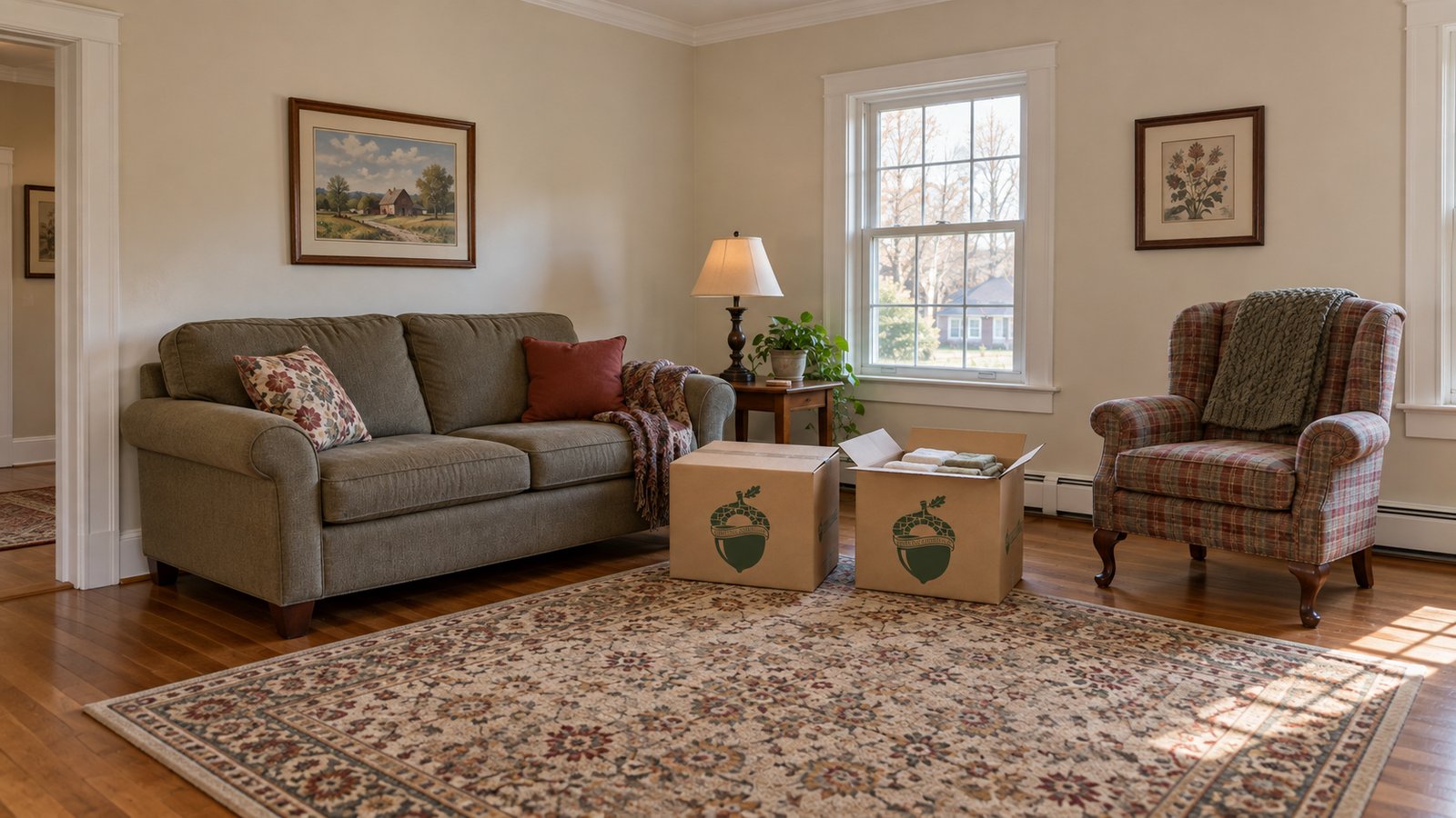 A sofa and reading chair beside two kraft Sterling Oakbridge cartons, one open with folded towels