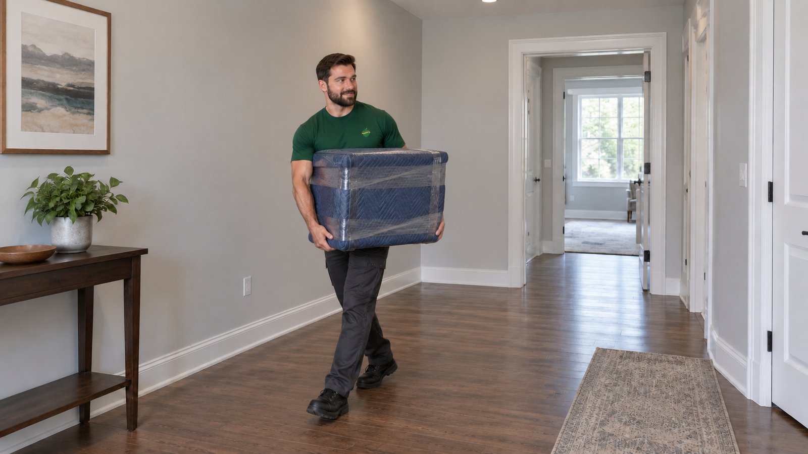 A protected piece carried through the home One male Sterling Oakbridge mover carrying a small blanket-wrapped chest close to his body through a level hall