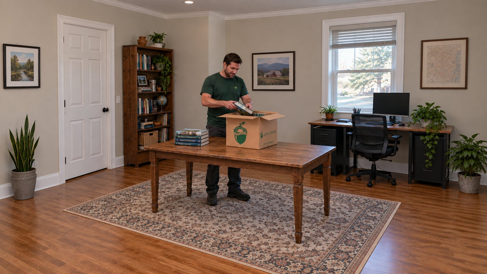 Books packed in a small carton A male Sterling Oakbridge packer placing a book in a small kraft Book Box on a wooden table