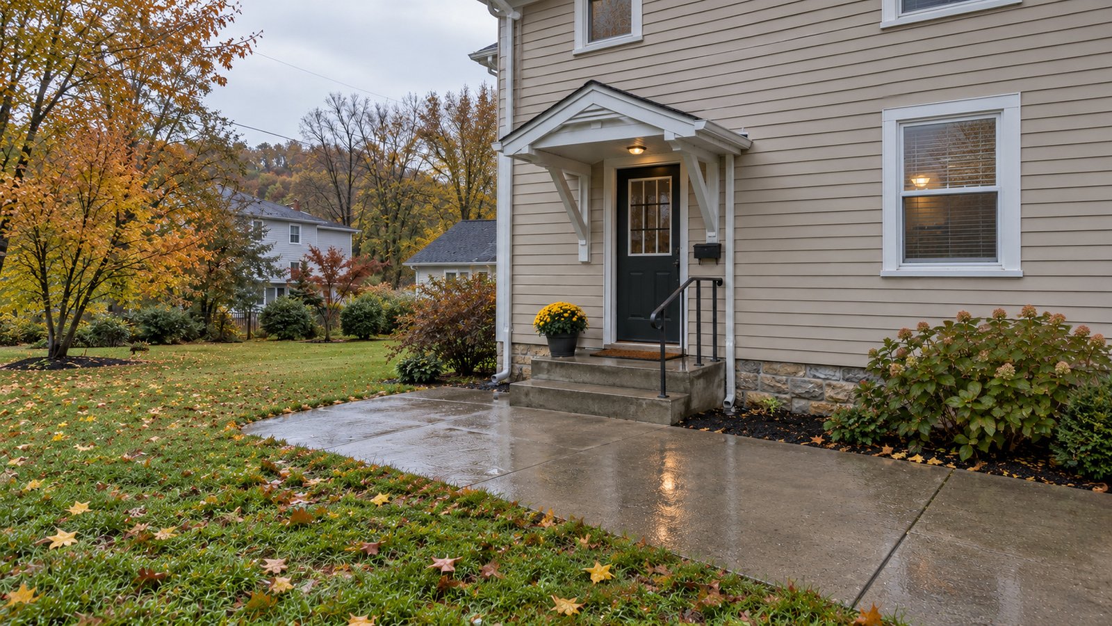 A house entrance with a complete porch canopy, concrete steps and a clear wet walkway