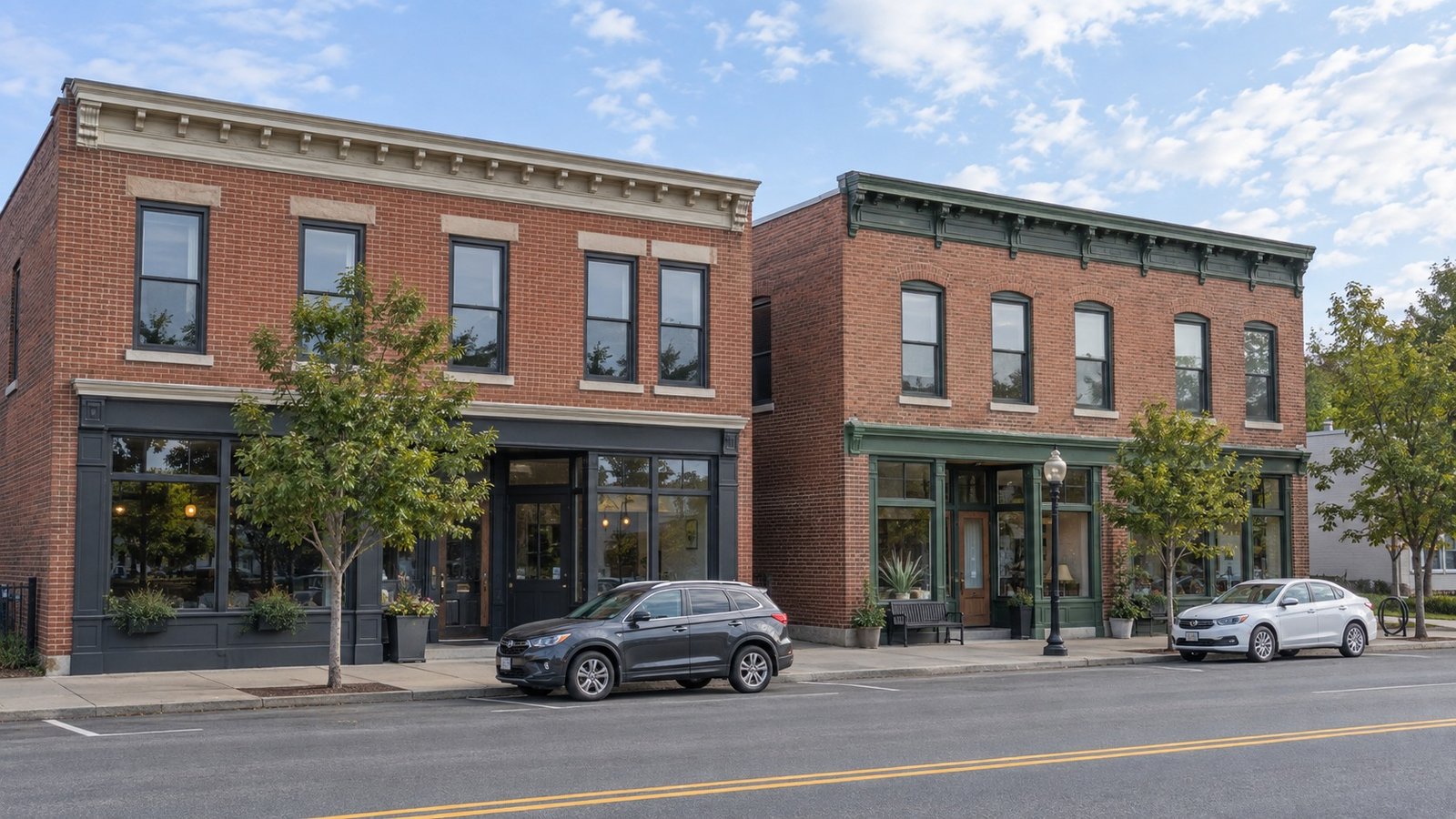 Two brick storefront facades with complete cornices, sidewalk entrances and parked cars.