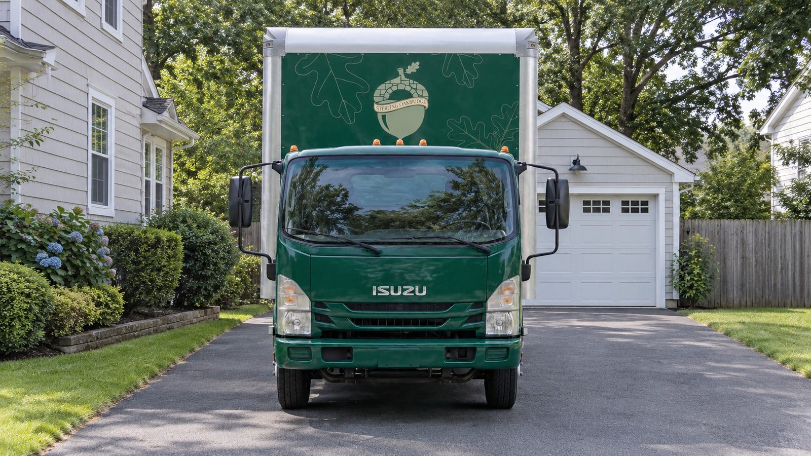 A private-driveway position Front view of a green Sterling Oakbridge Isuzu moving truck standing on a paved private driveway beside a house and detached garage.