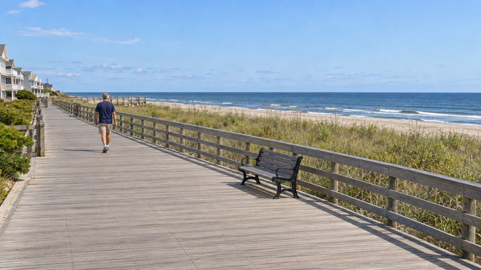 An ordinary resident walks with empty hands along a wooden seaside boardwalk beside dune grasses and a complete empty bench.