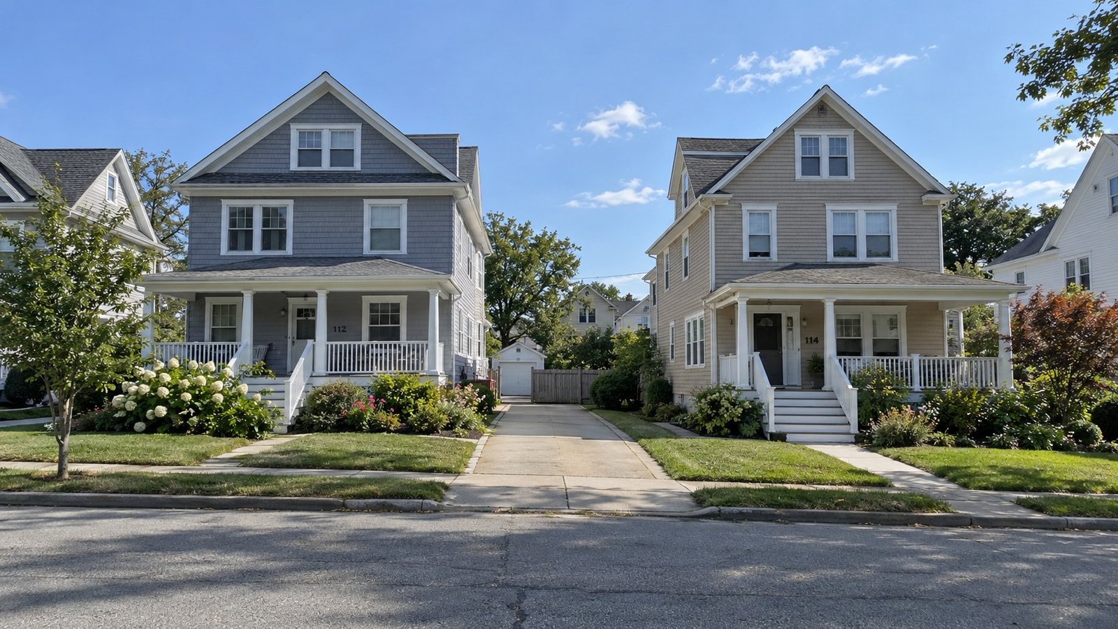 Read the whole approach Two older clapboard homes with front porches, complete rooflines, separate driveways and a quiet street.