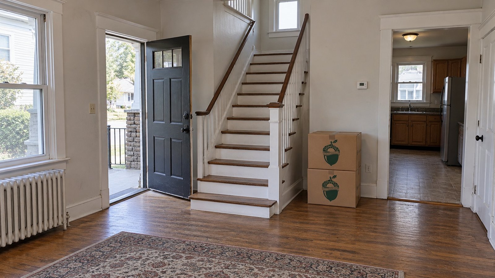 An older house entrance with an open front door, complete straight stair flight, kitchen passage and two stacked kraft cartons by the wall.