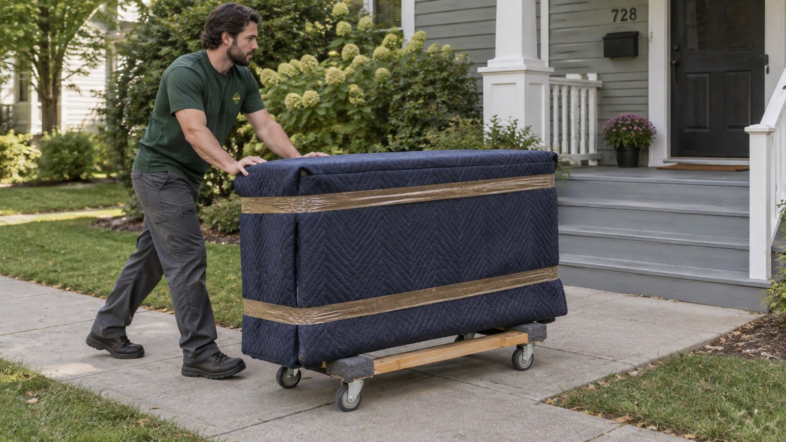 Protect the dresser and its route A male Sterling Oakbridge mover rolls a blanket-wrapped dresser on a compact open-frame furniture dolly along a level paved path.