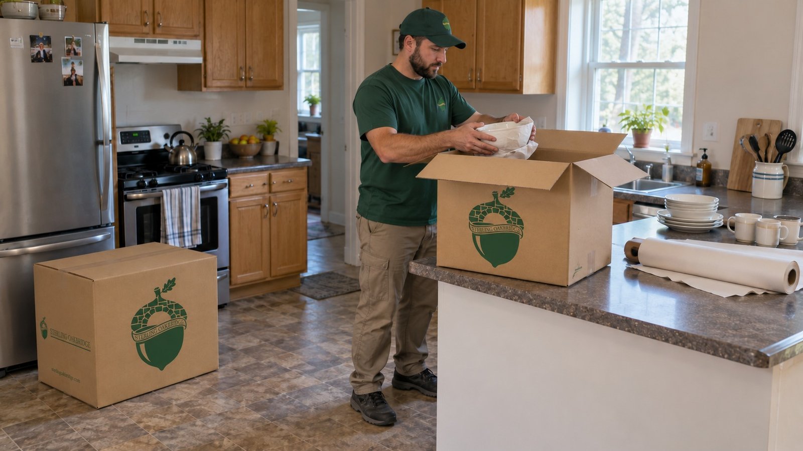 Prepare the kitchen by task A male Sterling Oakbridge mover wraps a bowl over an open kraft carton on a kitchen counter; a sealed carton rests on the floor.