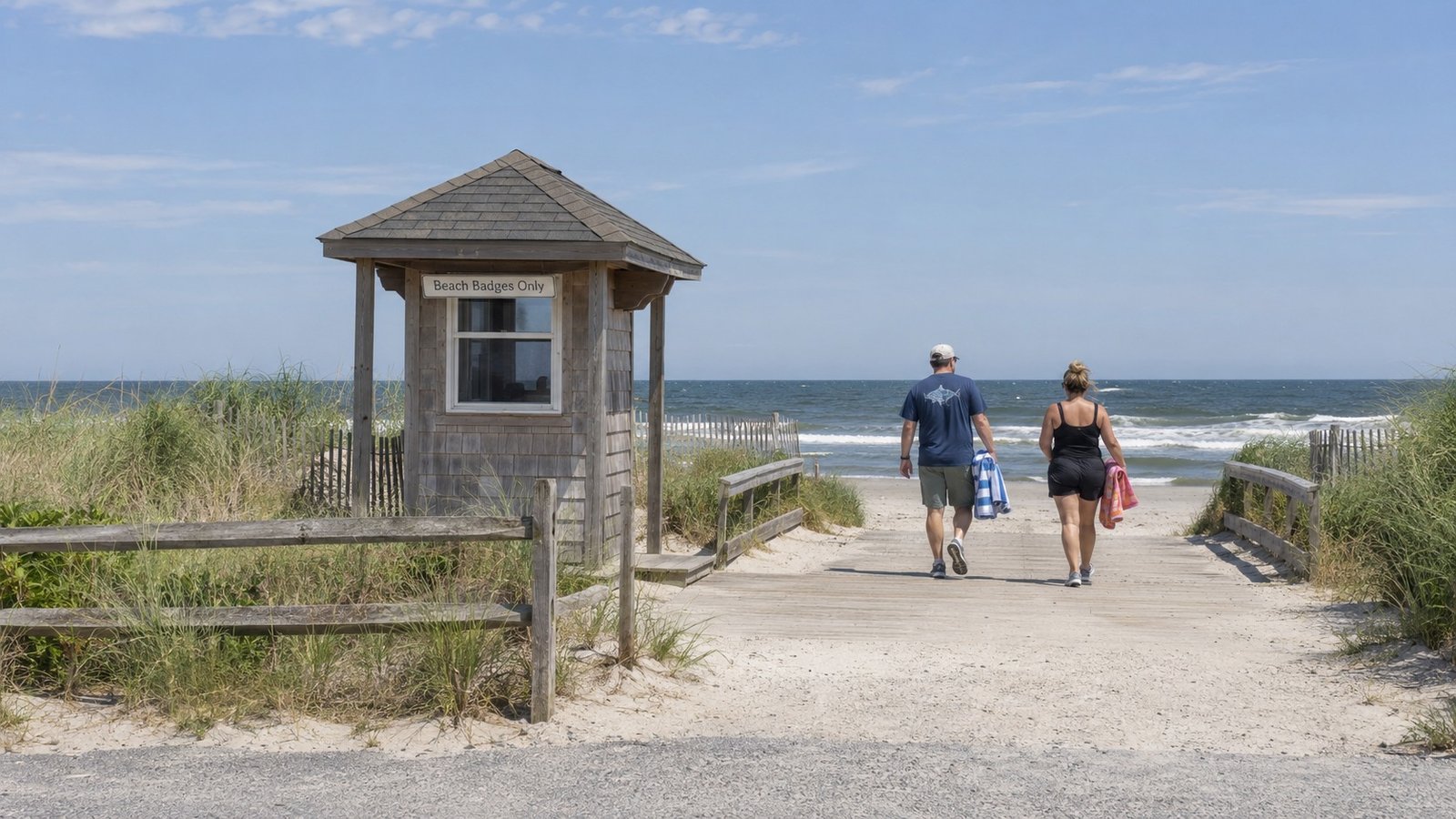 Two adult visitors carry towels toward the ocean beside a small timber beach-badge booth and a level walking approach.