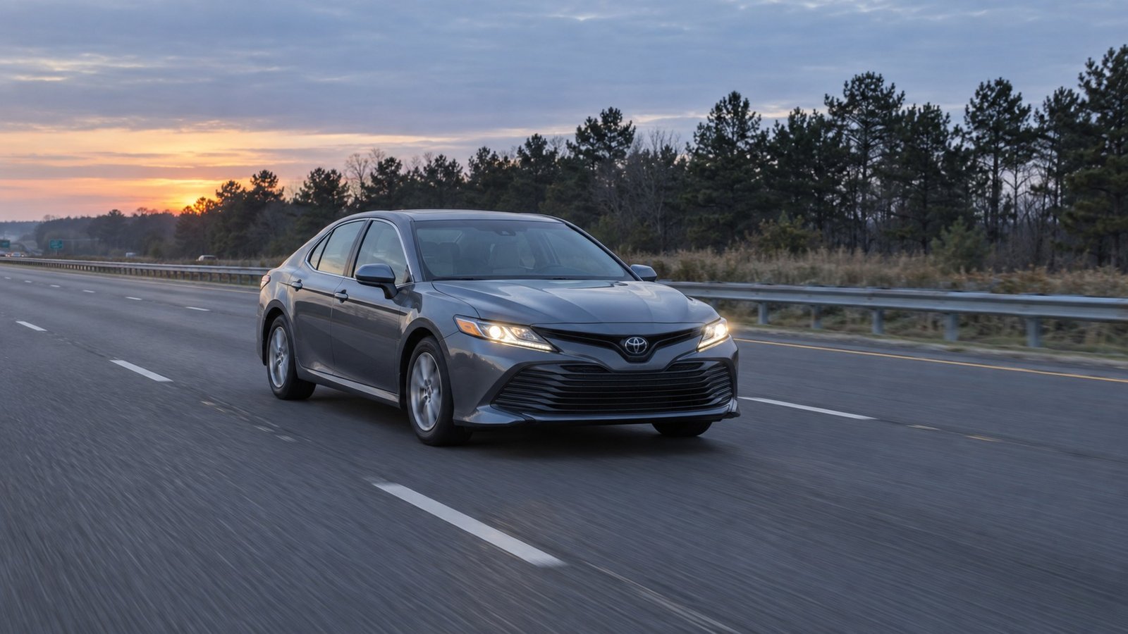 A complete sedan travels on a level multi-lane road at dawn beside a low belt of trees.
